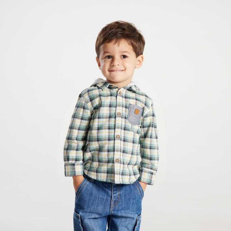 Chemise à carreaux à capuche verte bébé garçon