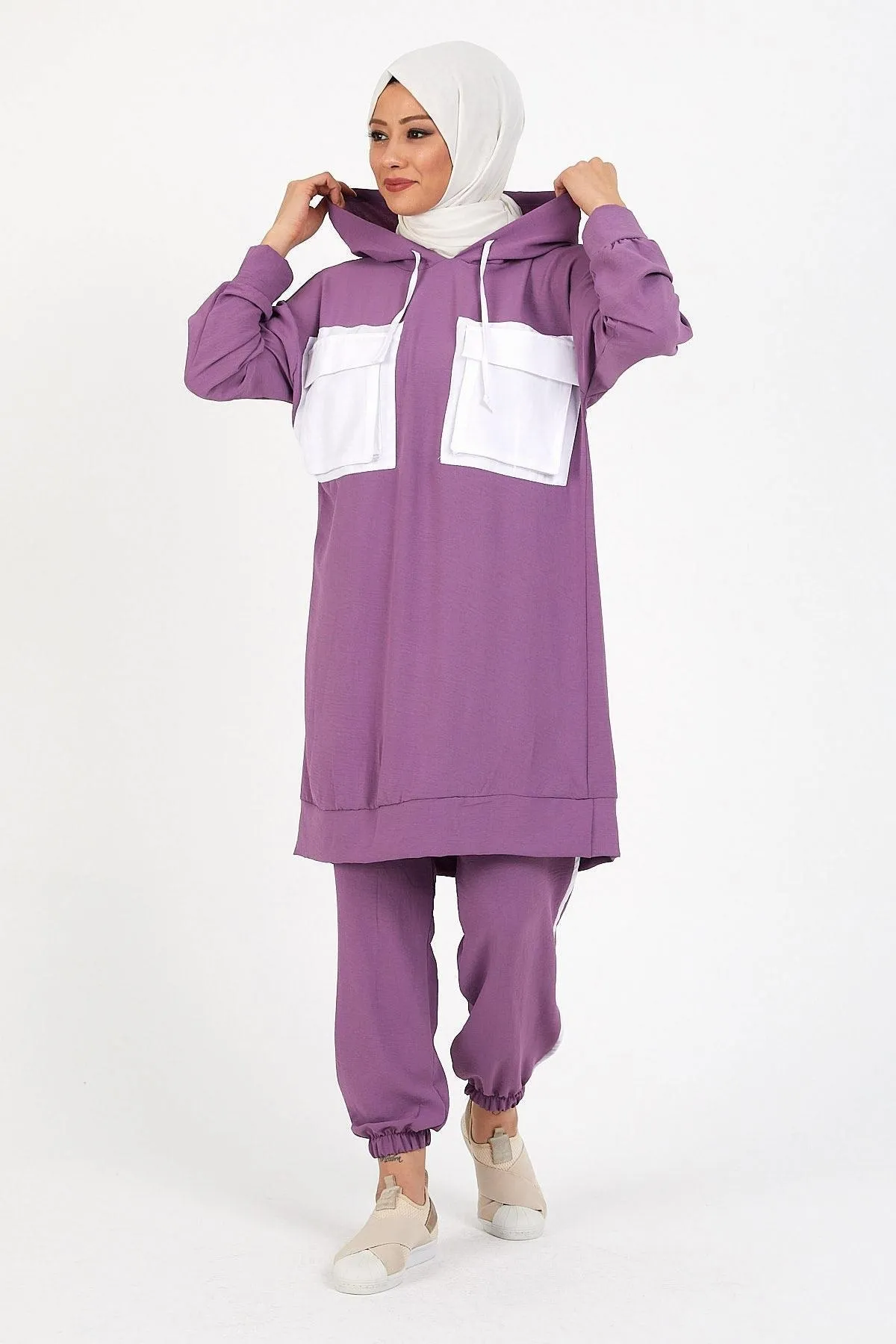 Modamihram  Taschendetaillierter Aerobin-Anzug Flieder 12228