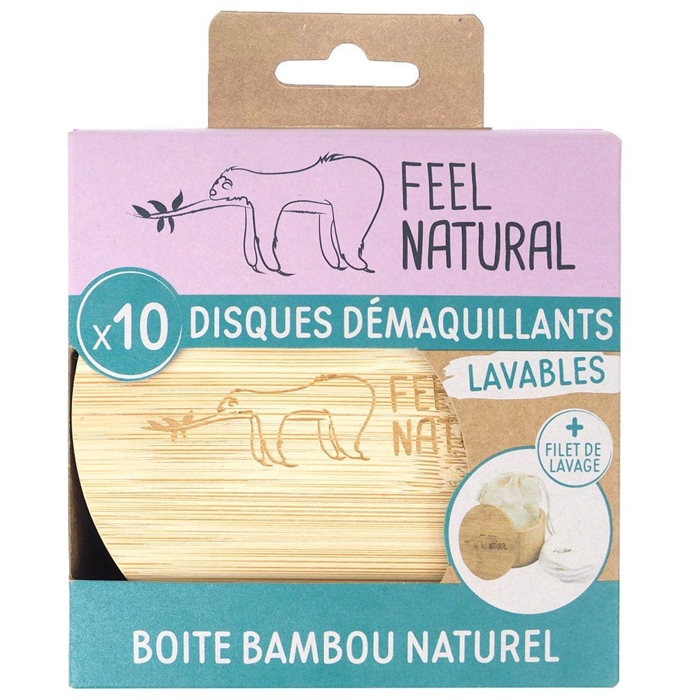 feel natural Boîte Bambou + 10 disques démaquillantset filet de lavage Disques démaquillants