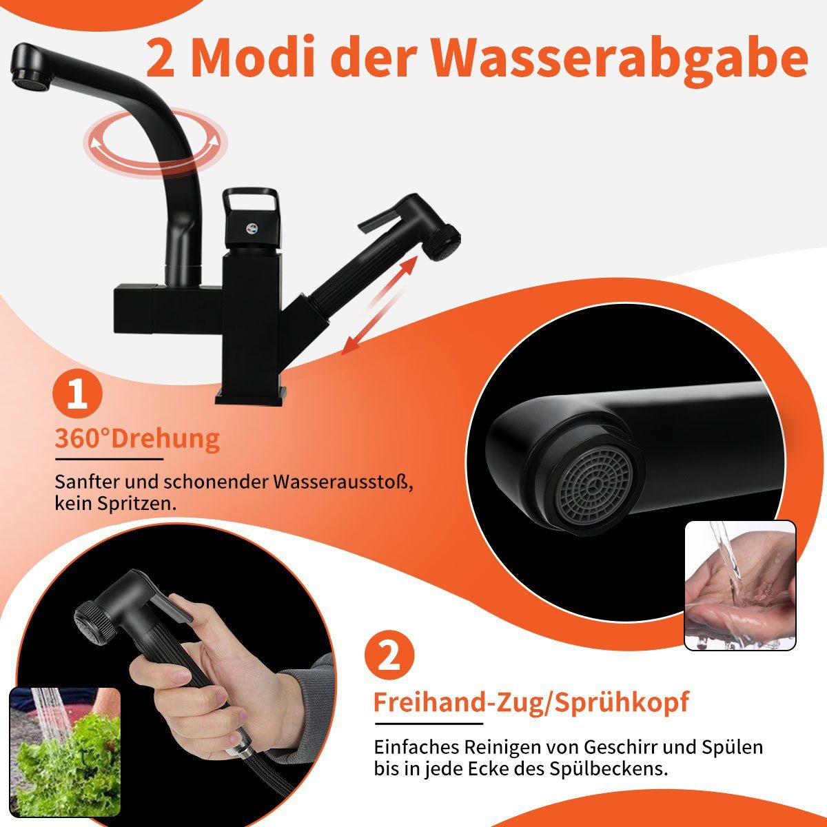 7Magic Waschtischarmatur Wasserhahn Küche, Hochdruck Armatur mit Brause Ausziehbar Armatur Mischbatterie Spültischarmatur, 360° Schwenkbar Zwei Sprühfunktionen