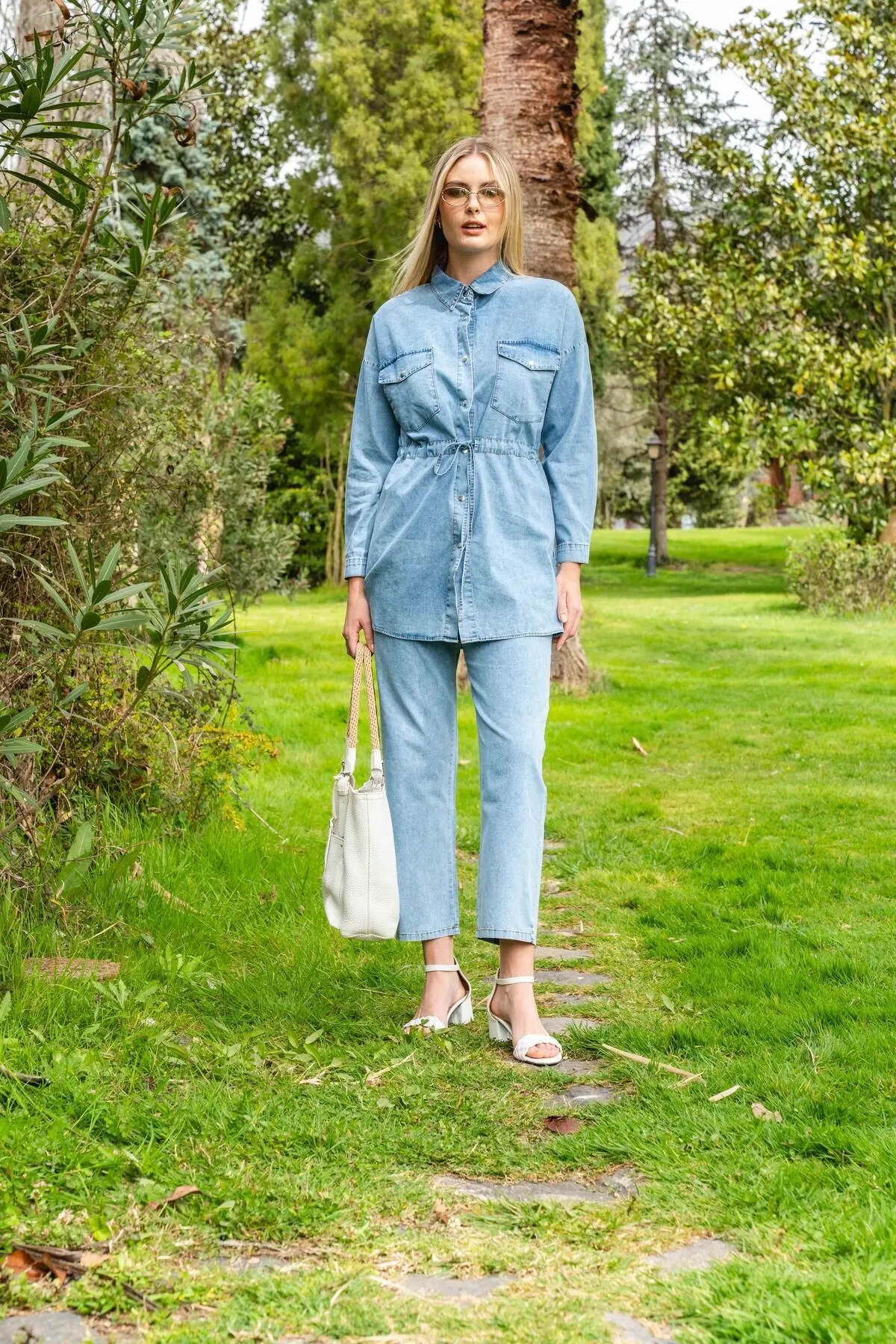 Olcay  Tuniği Kordelzug Taille Hose Dünne Denim Set mit Elastische Taille BLAU 9226-TK
