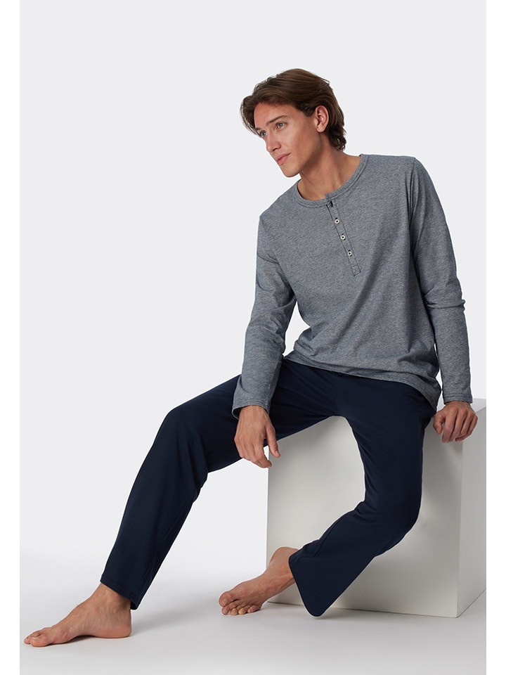 Schiesser Pyjama in Grau/ Dunkelblau günstig kaufen