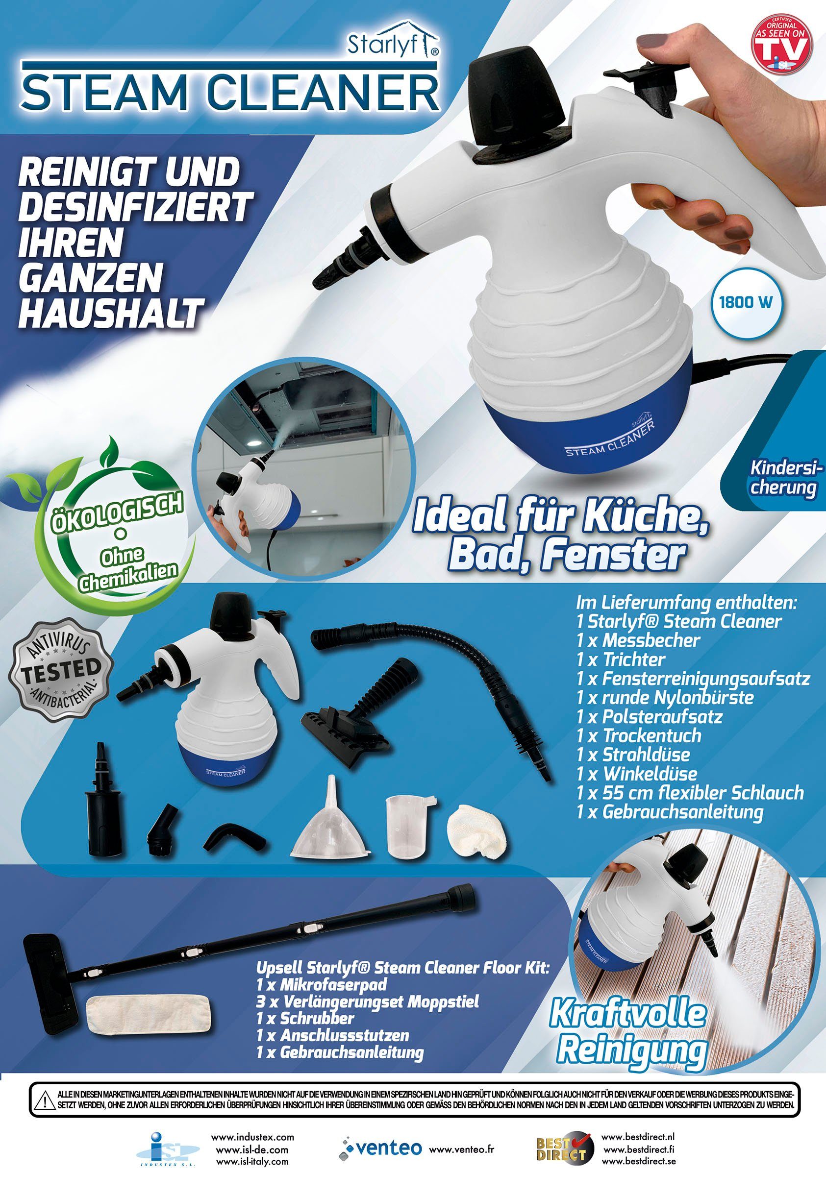 Starlyf Handdampfreiniger Steam Cleaner, 1050 W, beutellos, 2,8 bar, 250 ml, tragbarer Dampfreiniger, Dampfente