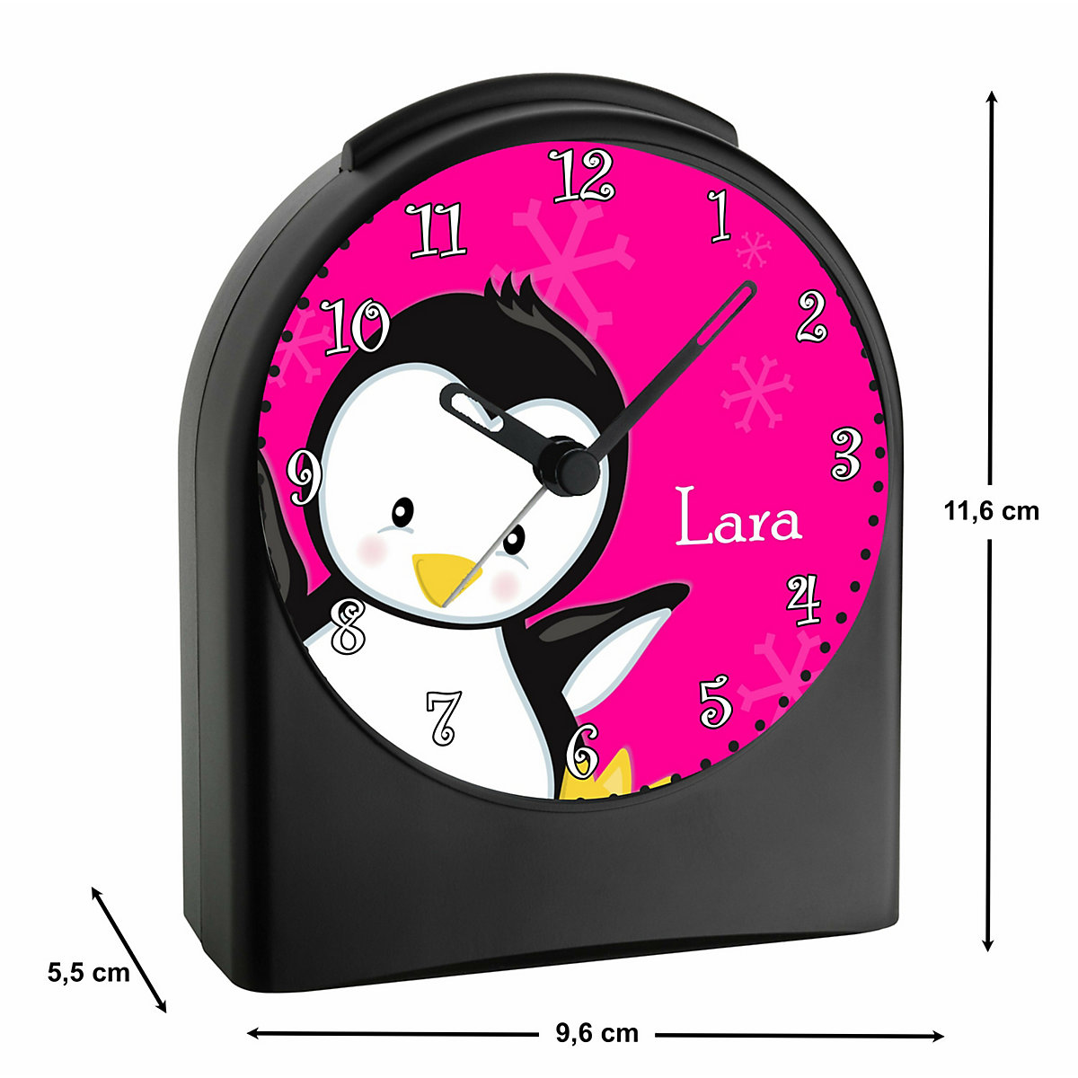 Kinder Funkwecker personalisiert mit Namen Pinguin Atom-/Funkuhr, 12-Stunden-Anzeigeformat, Schlummerfunktion, Nachtlicht, Geräuschlos/Ohne Ticken