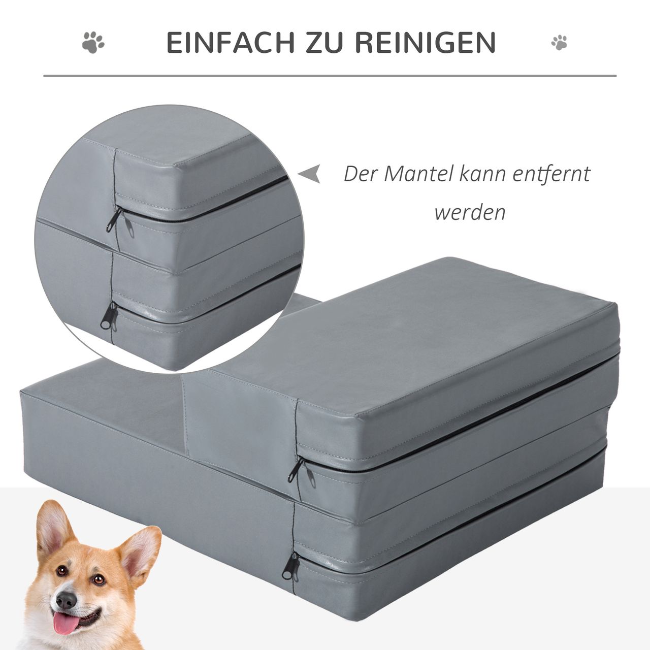 PawHut Tiertreppe Tierunterlage Klappbar Hundetreppe Treppe Unterlage für Katzen und Hunde Grau L45 x B39 x H20 cm