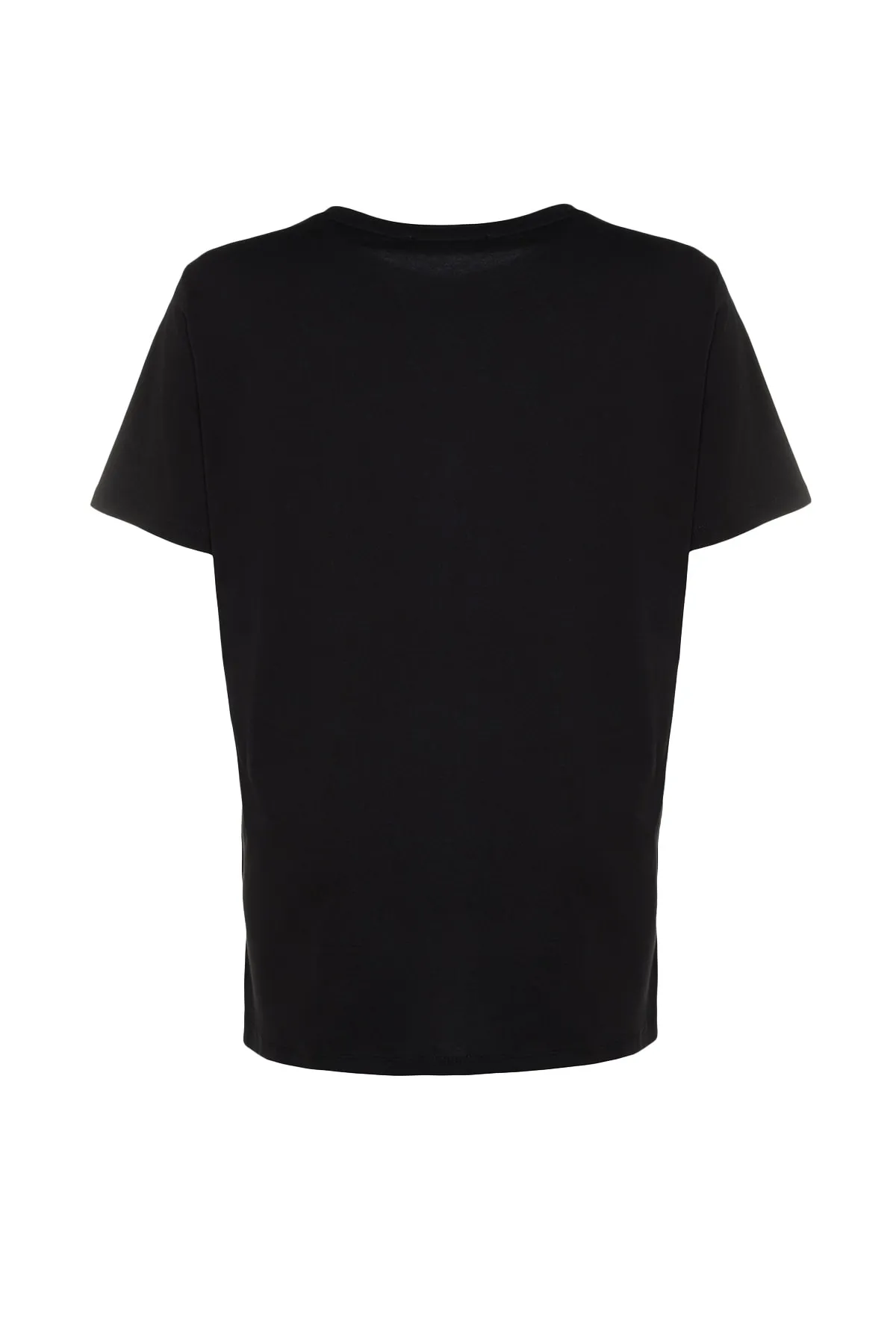 Trendyol Curve  Schwarzes, bedrucktes, kurzes Strick-T-Shirt mit Rundhalsausschnitt TBSSS23BF00022
