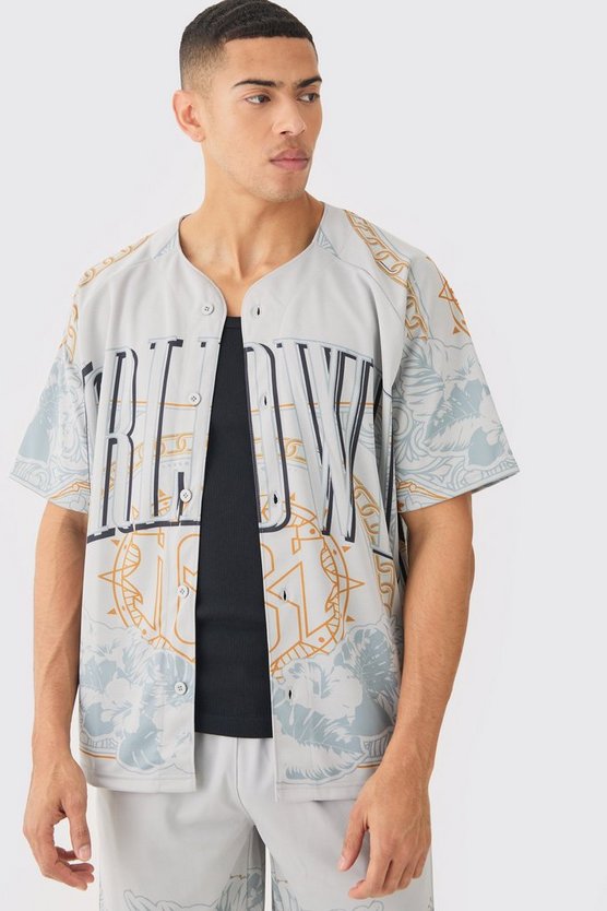 Oversized Mesh Printed Baseball Shirt