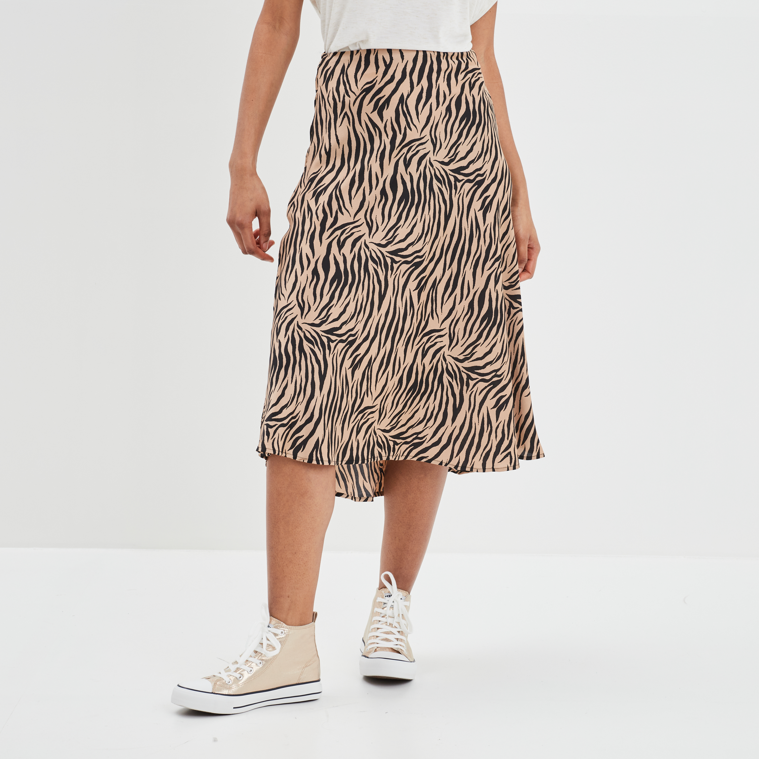 Jupe midi patineuse satinée beige femme | La Halle