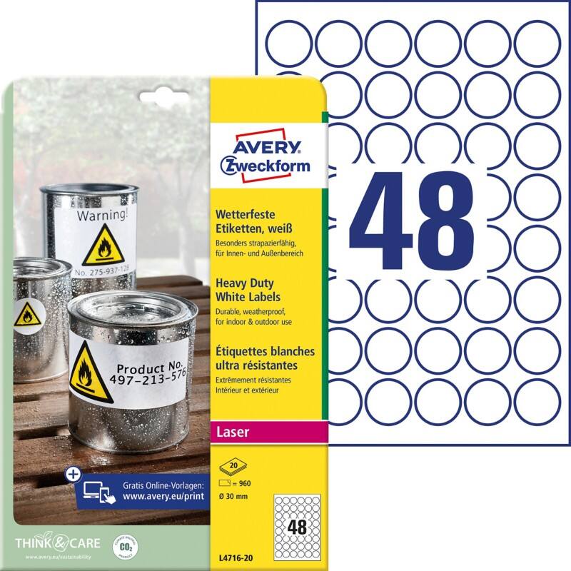AVERY Zweckform Wetterfeste Etiketten L4716-20 Selbsthaftend DIN A4 Weiß 219 x 8 mm 20 Blatt à 48 Etiketten