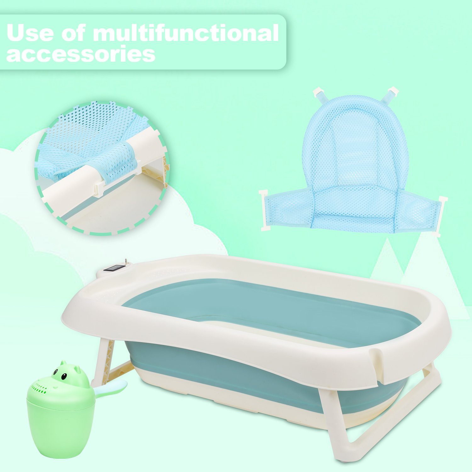 Yakimz Babybadewanne Baby Badewanne Tragbare Faltbare mit Sicherheitsnetz Grün Babywanne