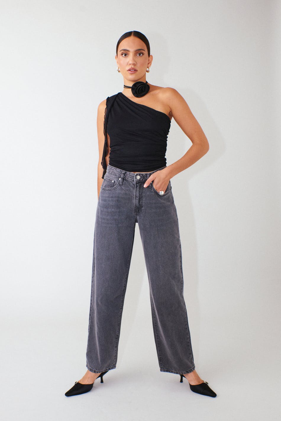 One shoulder ruched mesh top