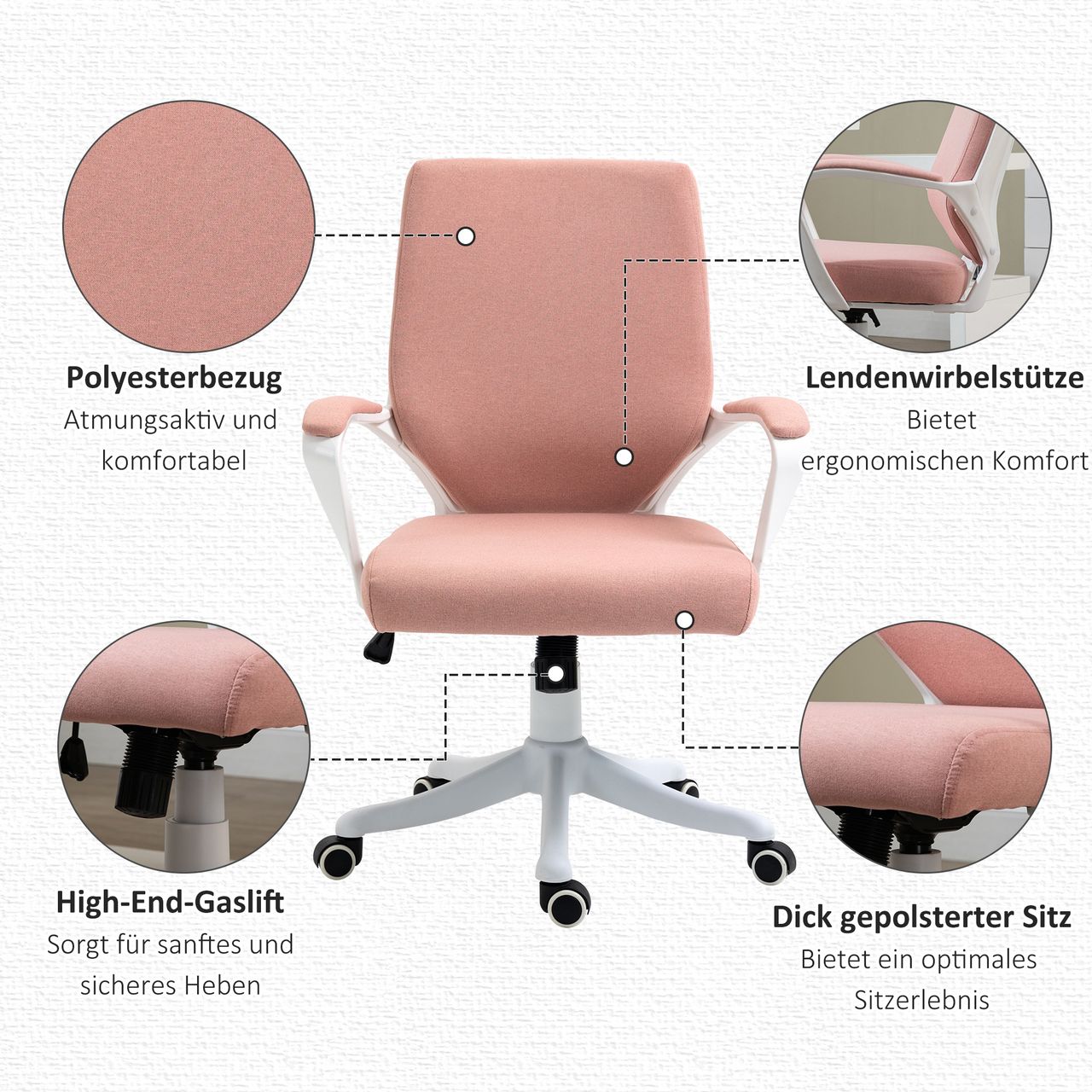 Vinsetto Bürostuhl Schreibtischstuhl Home-Office-Stuhl Rosa Weiß 62x69x92-102 cm