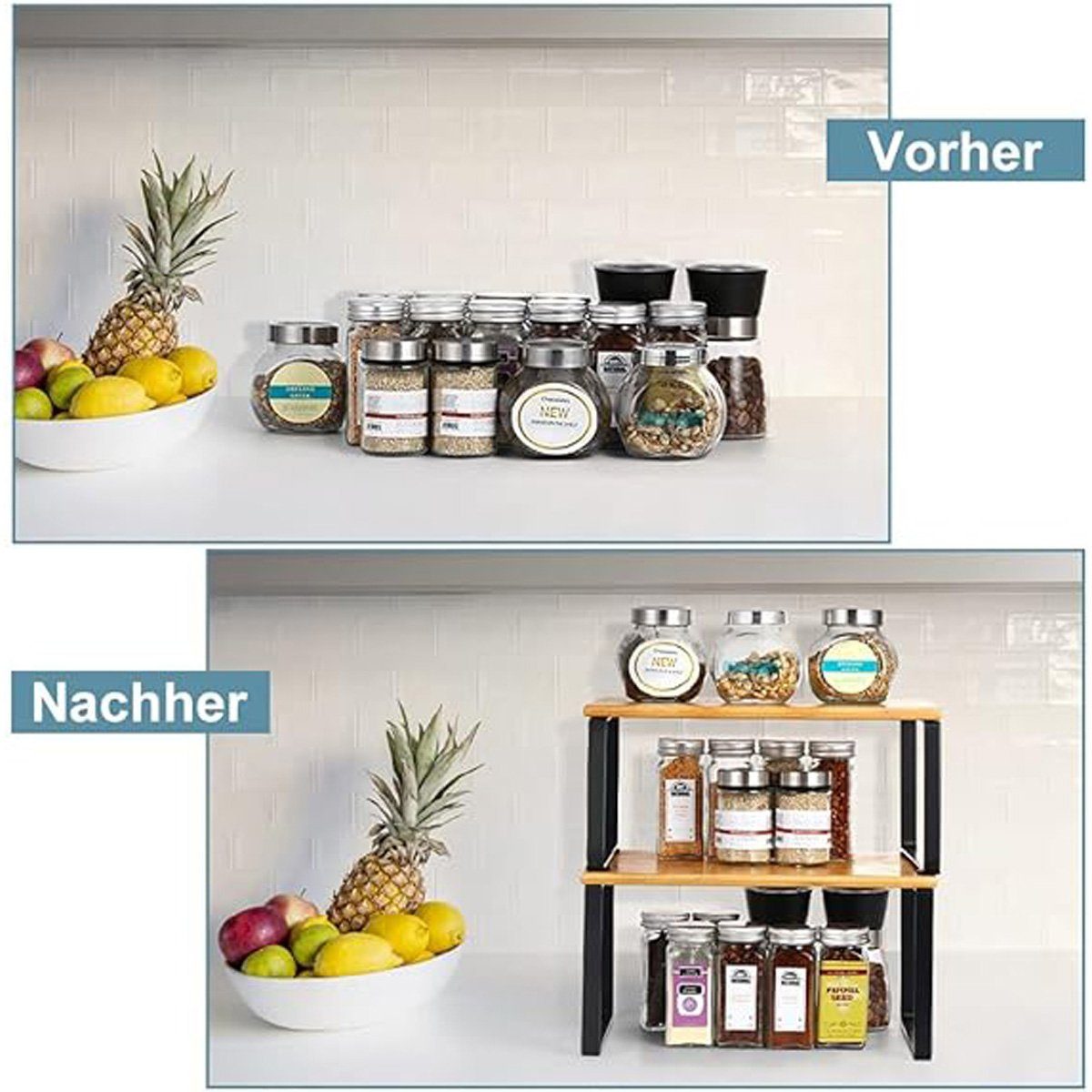 götäzer Gewürzregal 2-teiliges Schrank-Küchenregaleinsatz-Set, 1-tlg., Bambus-Gewürzregal für die Organisation stapelbarer Küchenschränke