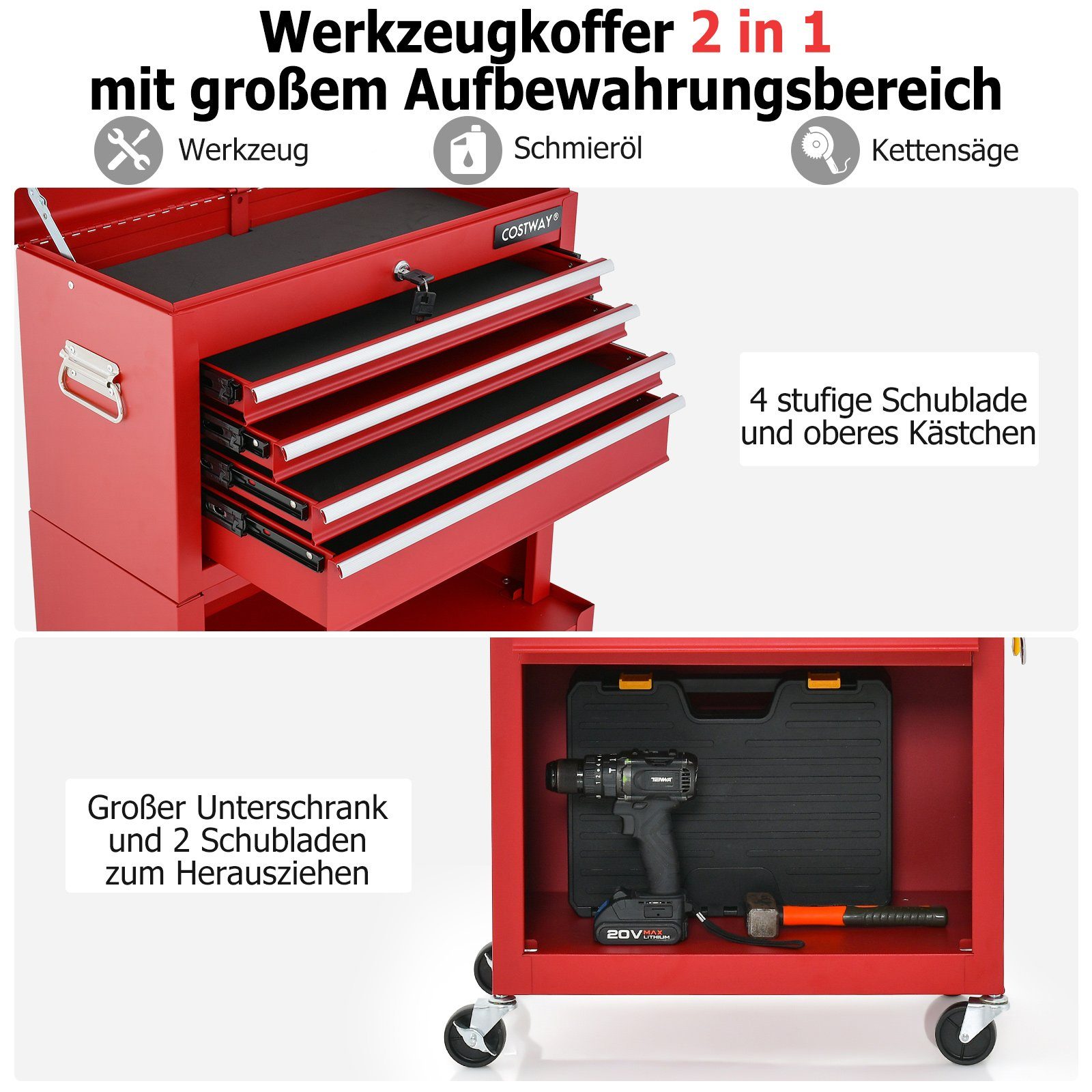 COSTWAY Werkstattwagen, max. Traglast:90,00 kg, mit 9 Fächer, abschließbar