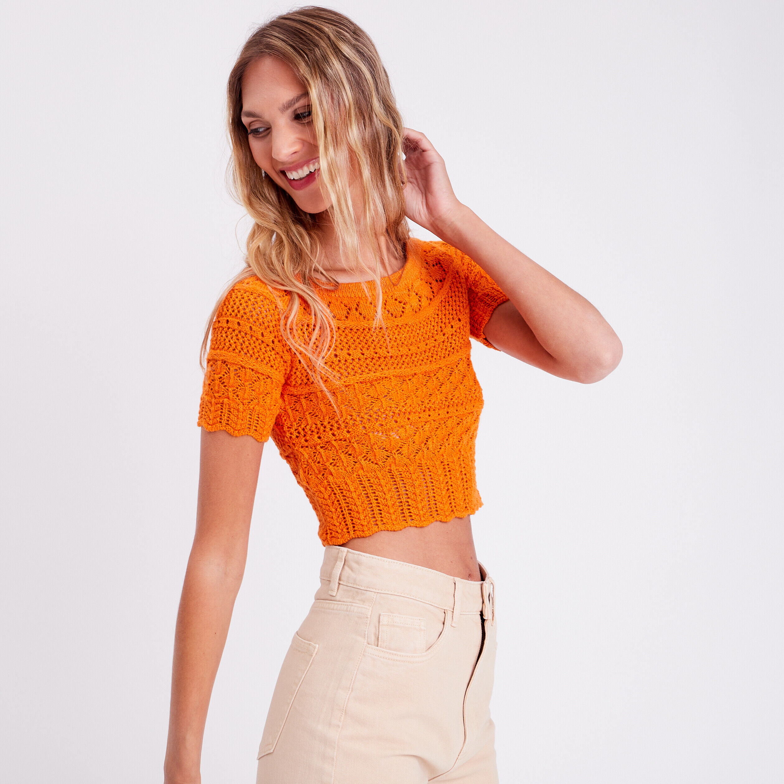 Crop top crochet orange femme | Cache Cache