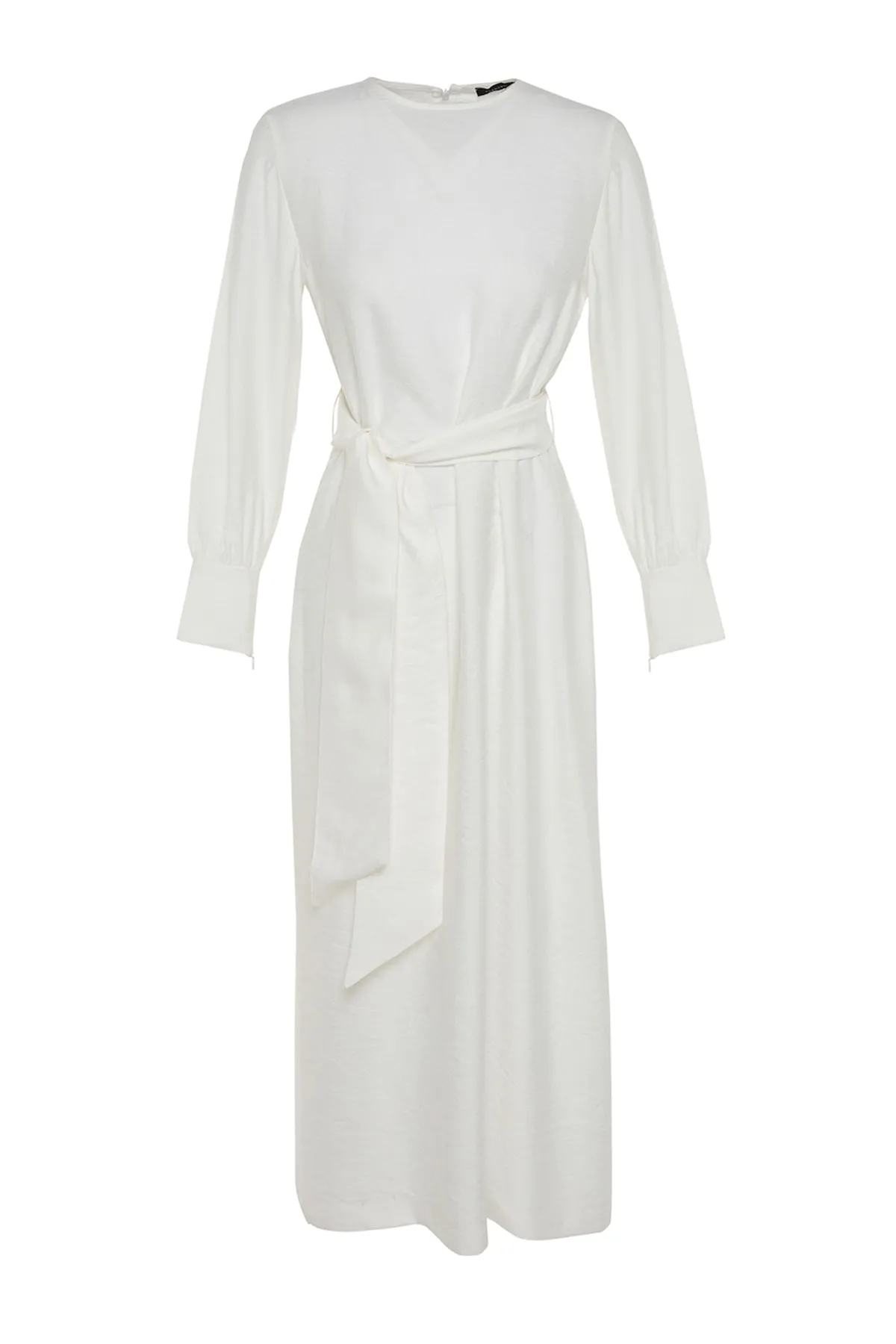 Trendyol Modest  Weißes, gewebtes Kleid in Leinenoptik mit breitem Gürtel und Reißverschlussbündchen TCTSS23EB00219
