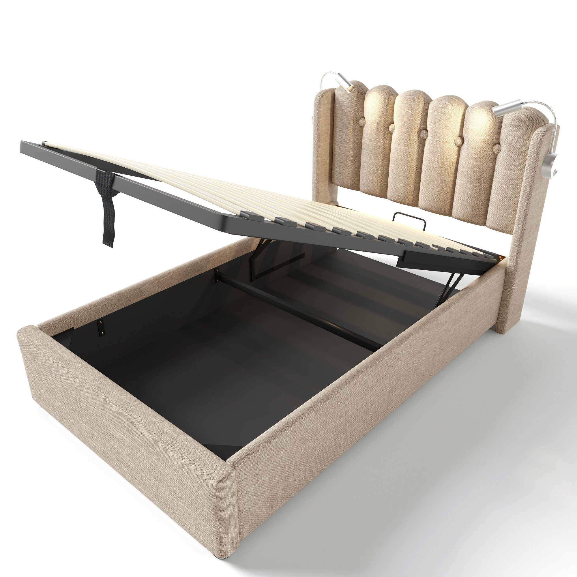 Fangqi Polsterbett 90x200 gepolstertes Bett,2 Leselampen,USB-Aufladung,großer Bettkasten (Einzelbett, Jugendbett, Familienbett, Weicher Bettrahmen, USBx2, Leselampex2, Bettkasten), Bettkasten mit Oxford-Tuch, Eisenrahmen, Gasdruckfederbetten