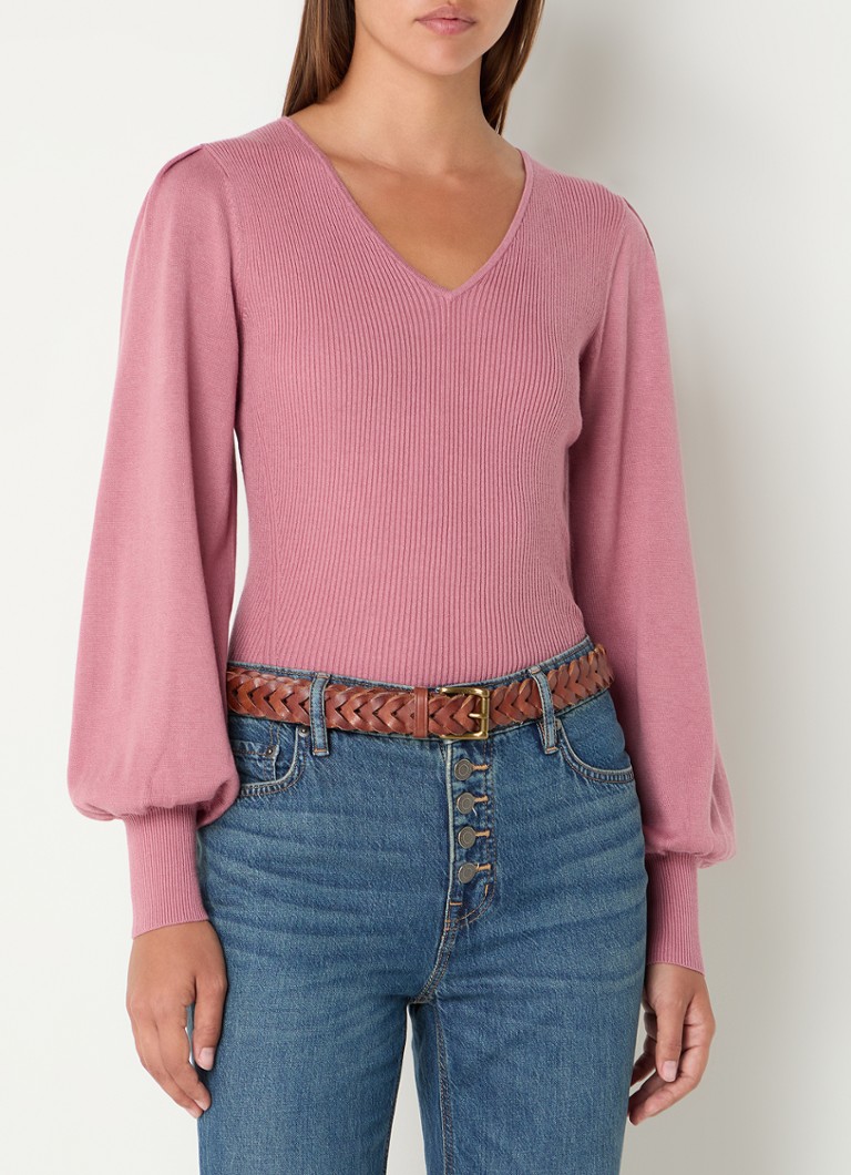 Ralph Lauren Rib-knit top with balloon sleeves and V-neck