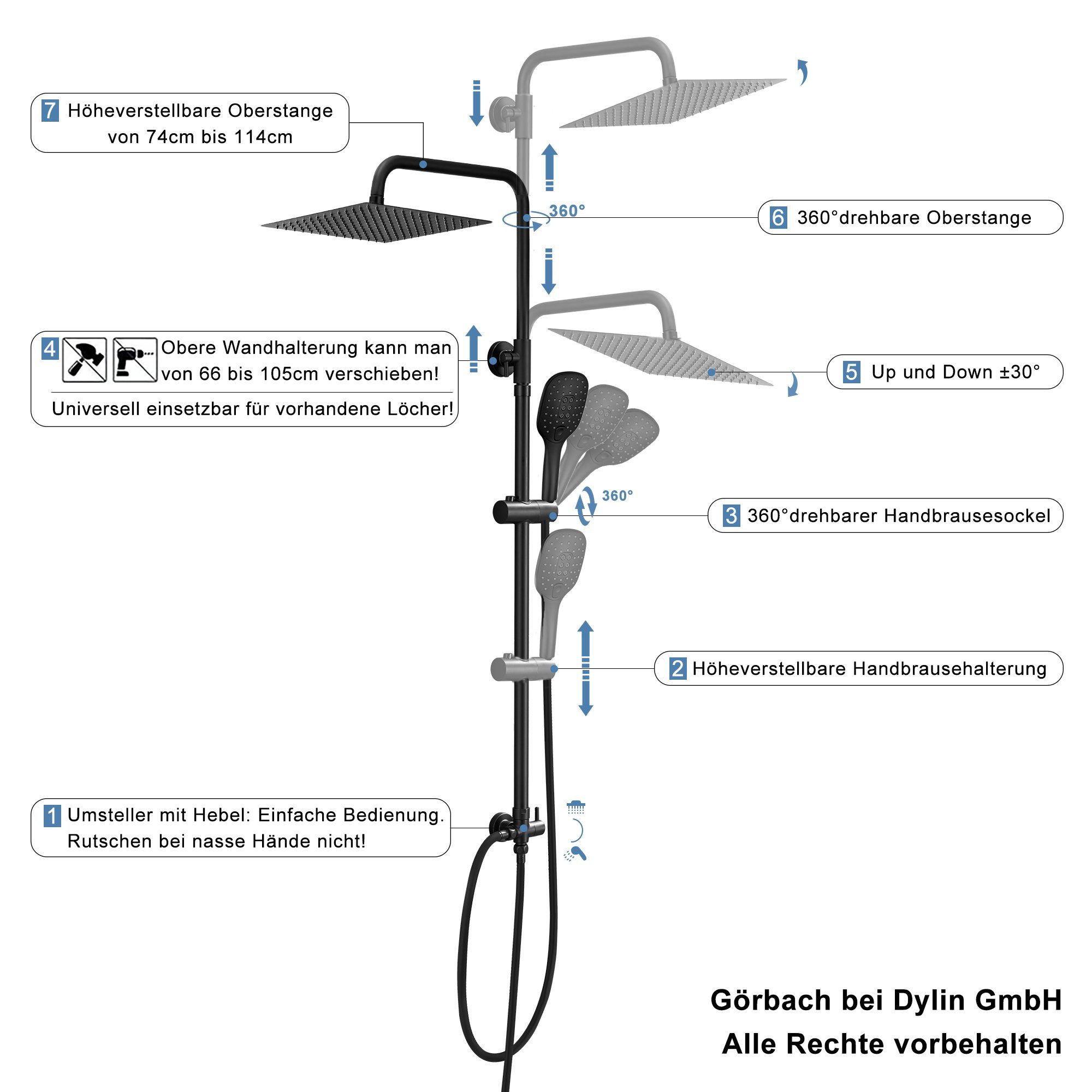 JOHO Brausegarnitur Duschsystem Duschset Dusche Schwarz Edelstahl, Höhe 114 cm, 3 Strahlart(en), Kopfbrause 2020cm, universell einsetzbar für vorhandene Löcher