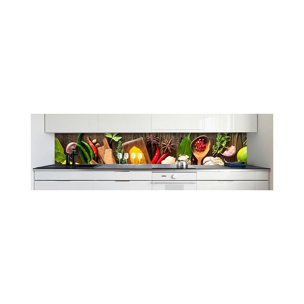 DRUCK-EXPERT Küchenrückwand Küchenrückwand Spices on Wood Premium Hart-PVC 0,4 mm selbstklebend