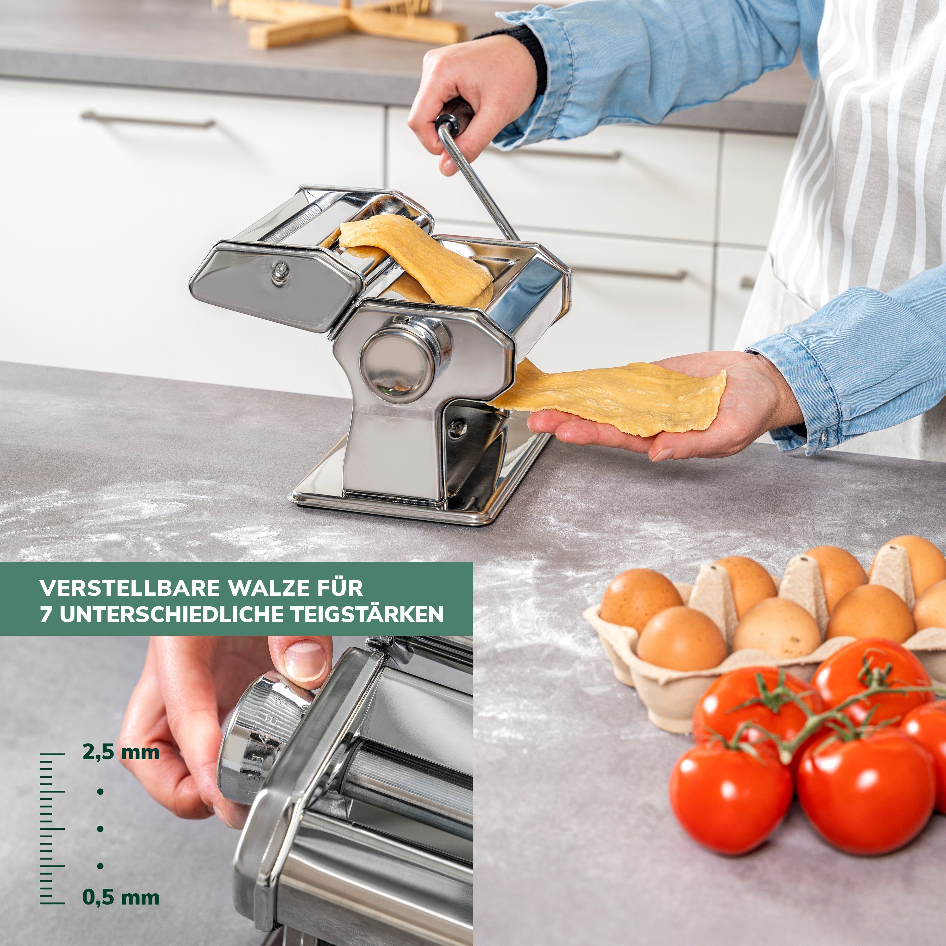 bremermann Nudelmaschine für Spaghetti, Pasta und Lasagne inkl. Nudeltrocker als Set, 7 Stufen, Edelstahl