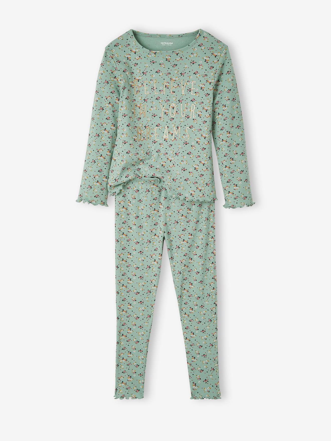 Pyjama fille fleuri en maille côtelée light sauge