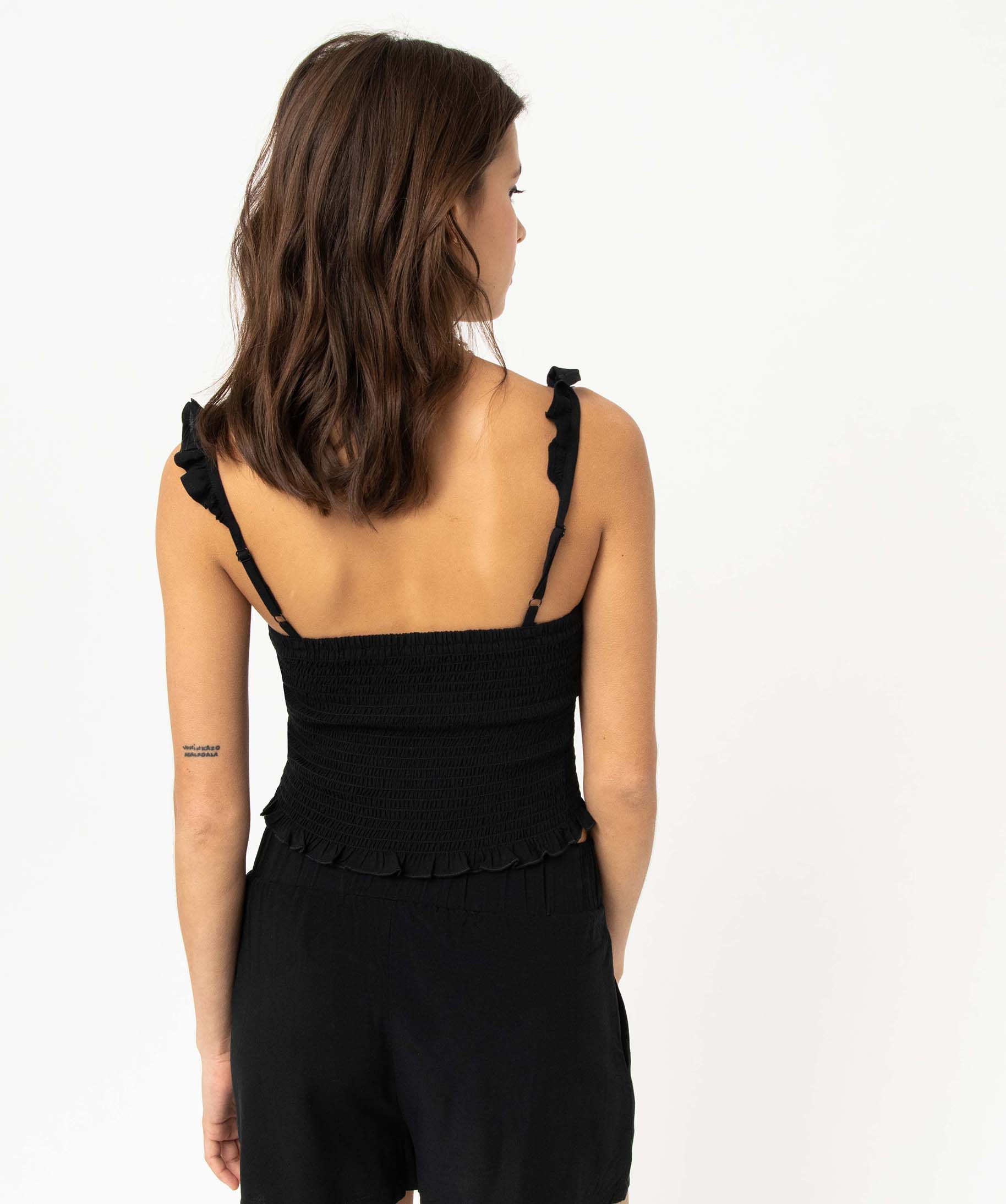 Blouse femme à bretelles volantés et coupe courte à smocks noir | GEMO