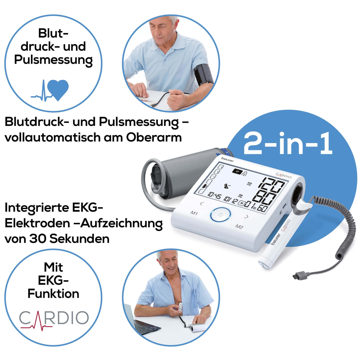 Beurer Blutdruckmessgerät mit EKG-Funktion BM 96 Cardio-Bluetooth® Oberarm-Blutdruckmessgerät mit EKG-Stick & Cardio-App-Anbindung
