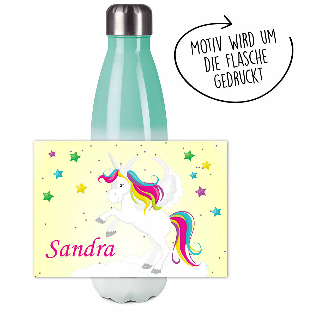 Edelstahl Kinder Thermoflasche / Trinkflasche bunt Pegasus Farbe gelb Spülmaschinenfest, Auslaufsicher, Bruchfest, Doppelwandig, Für Heißgetränke geeignet, Mit Deckel, Isoliert