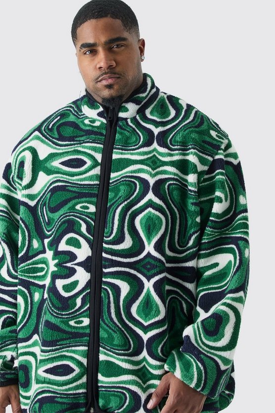 Plus Oversized Abstract Print Borg Funnel Neck Jacket
