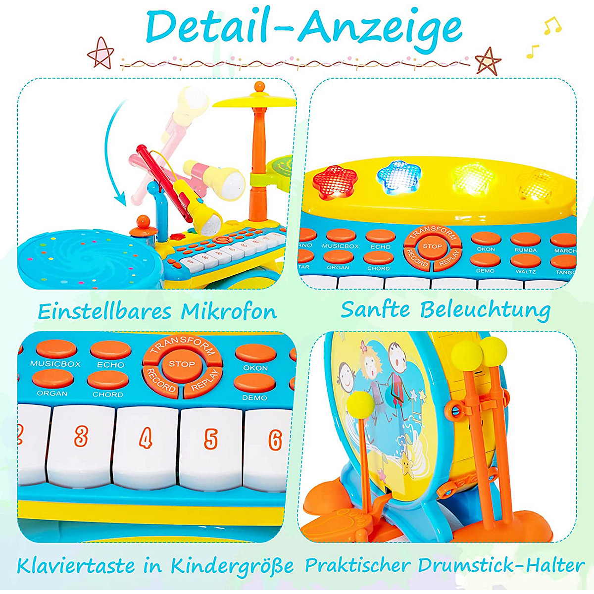 E Trommel mit Keyboard mit Hocker & Mikrofon & LED