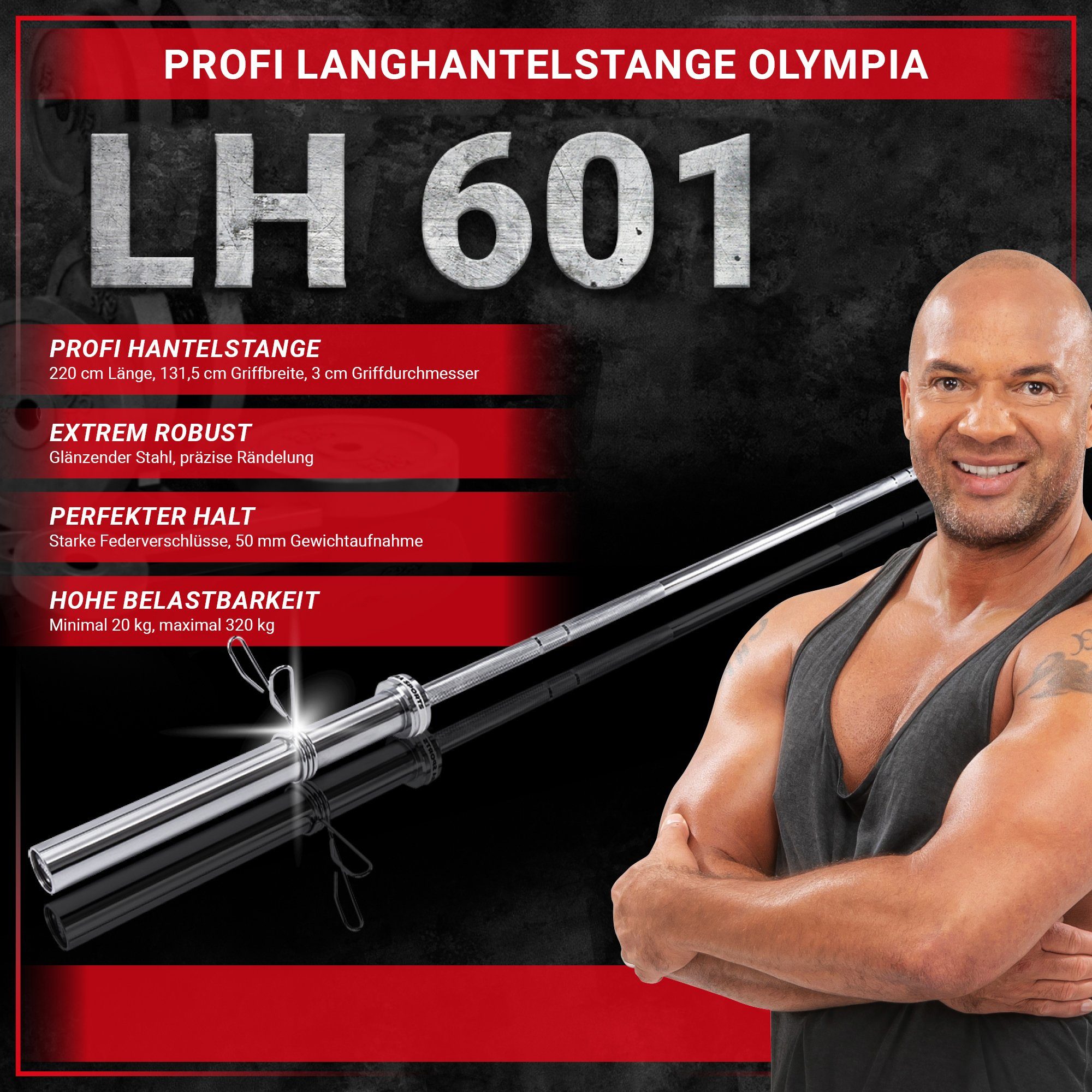 Miweba Sports Langhantelstange Profi Langhantel Stange Olympia LH601 inkl. Federverschlüsse, Stahl, 220,00 cm (Workout, Training, Ganzkörpertraining, Muskelaufbau, Krafttraining, Hanteltraining, 3-tlg., Ø 50mm, 220.0 x 7.5 x 7.5 cm, 320 kg max. Belas