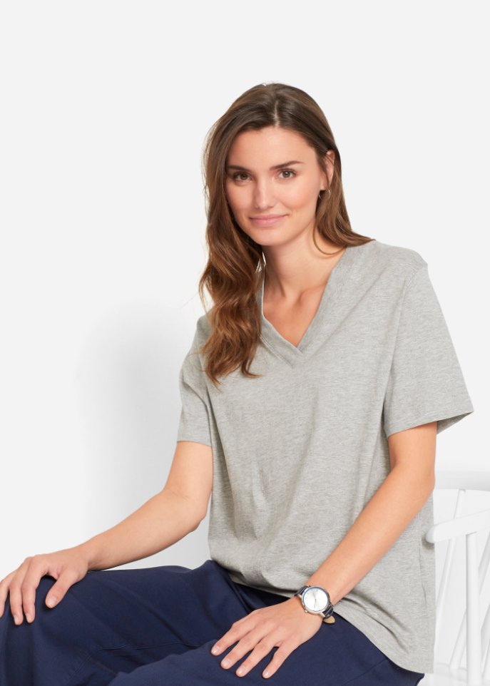 Weites Long-Shirt mit V-Ausschnitt, Kurzarm (5er Pack)