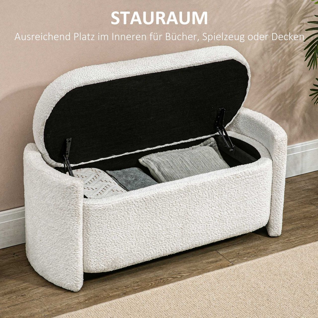 HOMCOM Sitzbank, Bettbank mit Stauraum, Polsterbank mit Deckel, Samtoptik, Creme