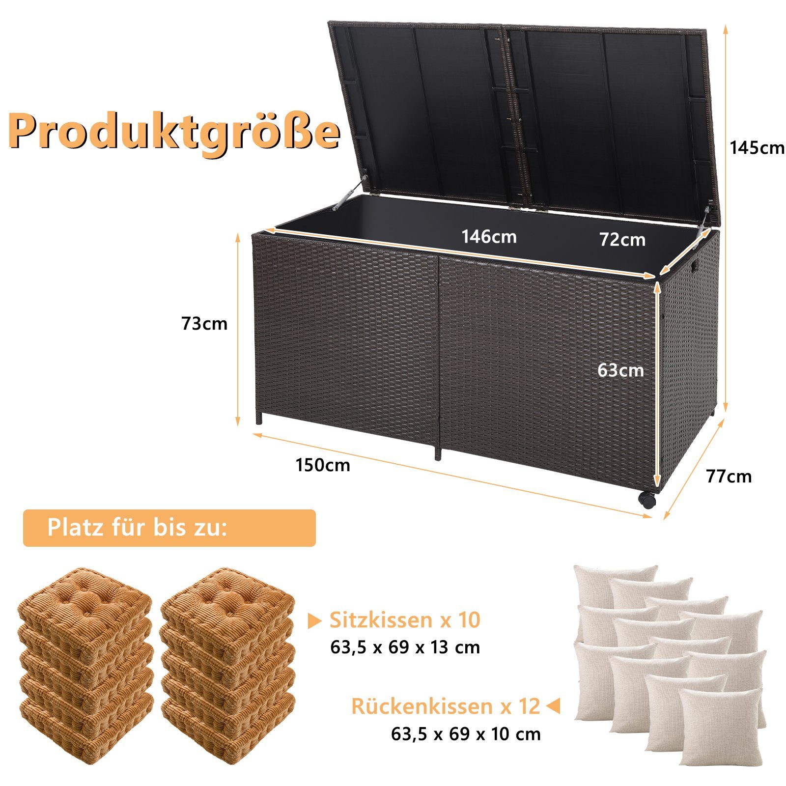 COSTWAY Auflagenbox 662L, wasserdicht, Rattan, mit Rollen, groß, 150x77x73cm