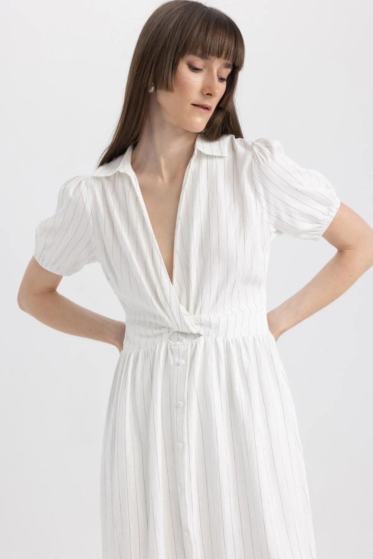 DeFacto  Gestreiftes Midi-Kurzarmkleid mit Hemdkragen