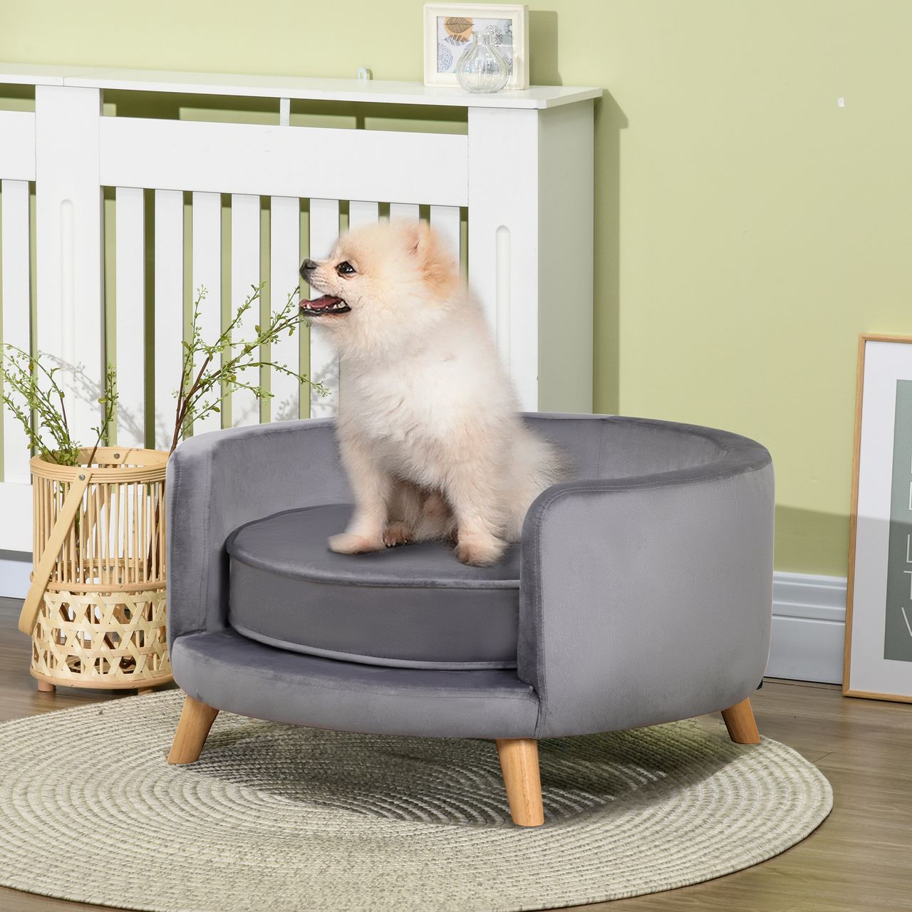 PawHut Hundesofa, Haustiersofa mit Samtoptik, Katzensofa mit Kissen, Holzbeine