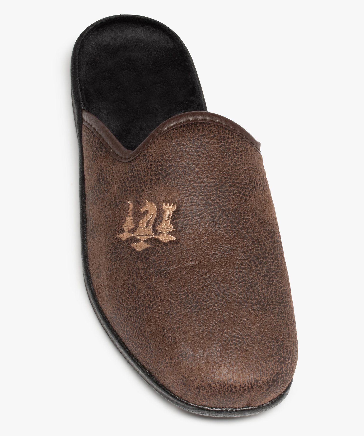 Chaussons homme mules brodées dessus cuir imitation marron | GEMO
