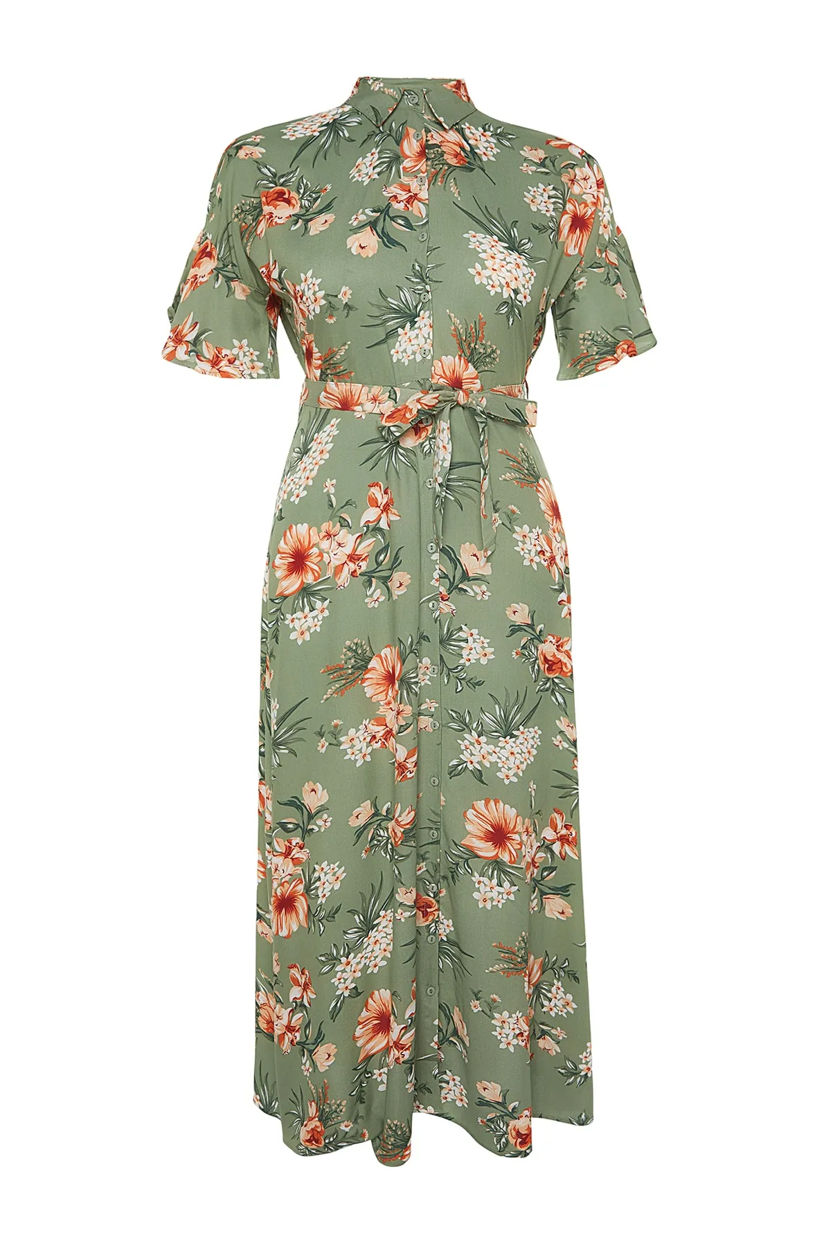 Trendyol Curve  Grünes Hemdblusenkleid mit gewebtem Blumenmuster und Schlitz TBBSS22EL1596