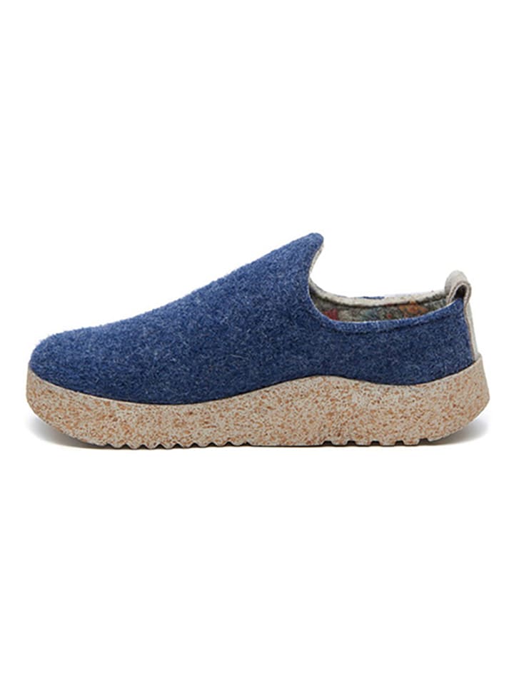 Comfortfusse Woll-Hausschuhe in Blau/ Beige günstig kaufen