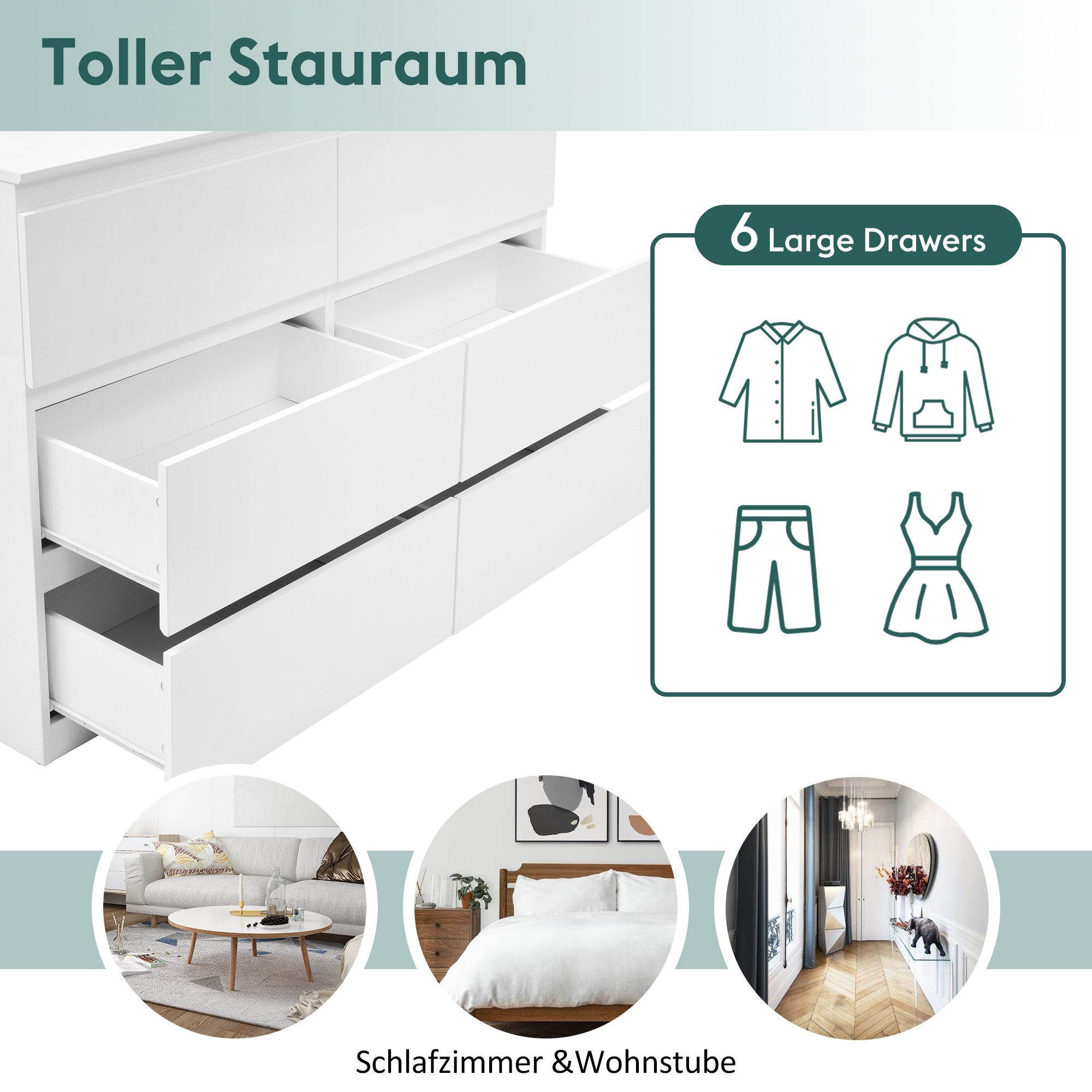 OKWISH Sideboard Schubladenkommode (Kommode mit 6 Schubladen 130CM, Weiß -B130/T40 /H88cm), Highboard Weiss Sideboard für Schlafzimmer & alle Wohnräume