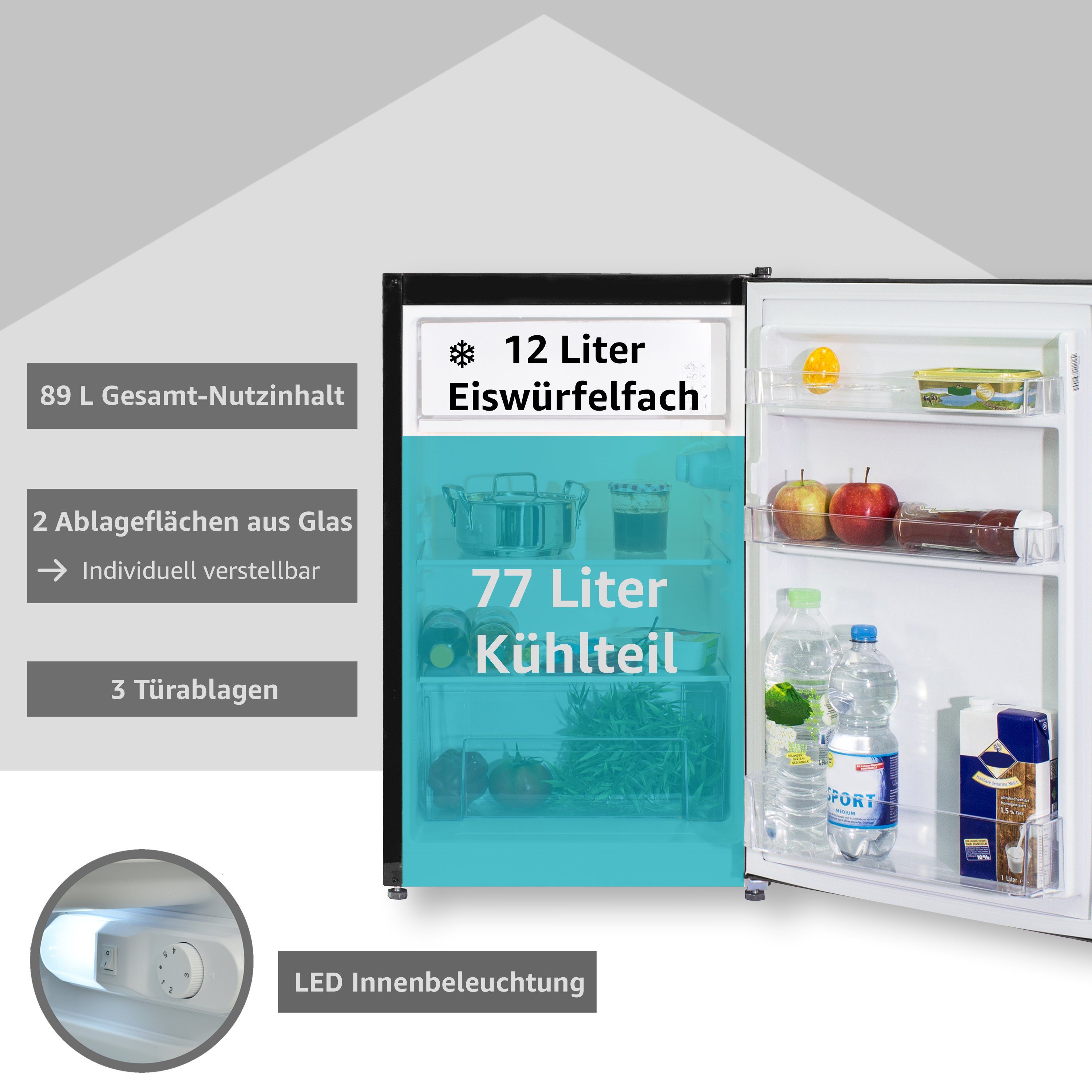 Telefunken Kühlschrank CF-33-101-B, 82.1 cm hoch, 48 cm breit, Tischkühlschrank mit Eiswürfelfach, 89 L Gesamt-Nutzinhalt