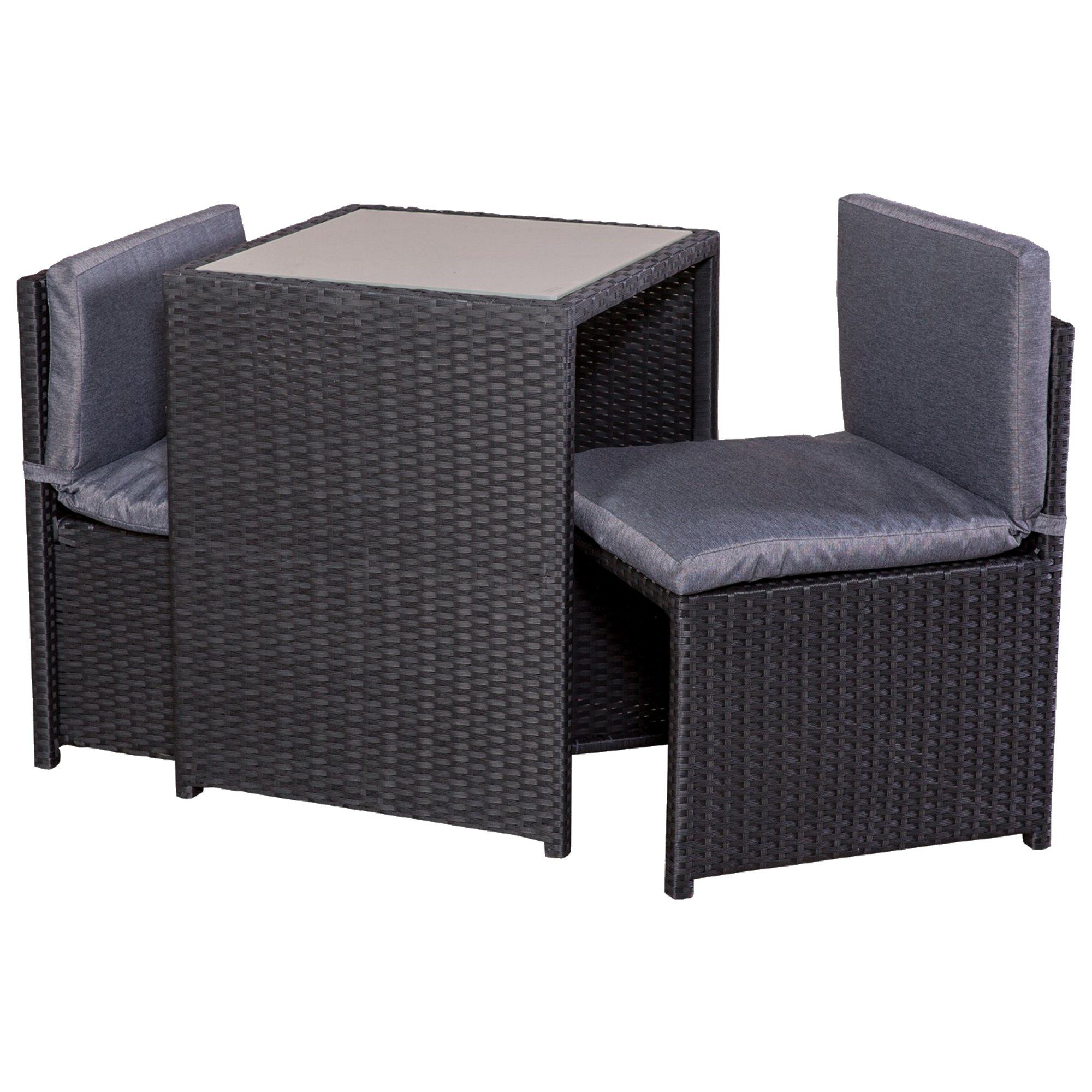 Raburg Balkonset HANNAH in SCHIEFER-SCHWARZ - abnehmbare, gehärtete Glasplatte, (3-teiliges Premium-Set), kompakt & robust aus Stahl & Polyrattan, inkl. Polster, platzsparend
