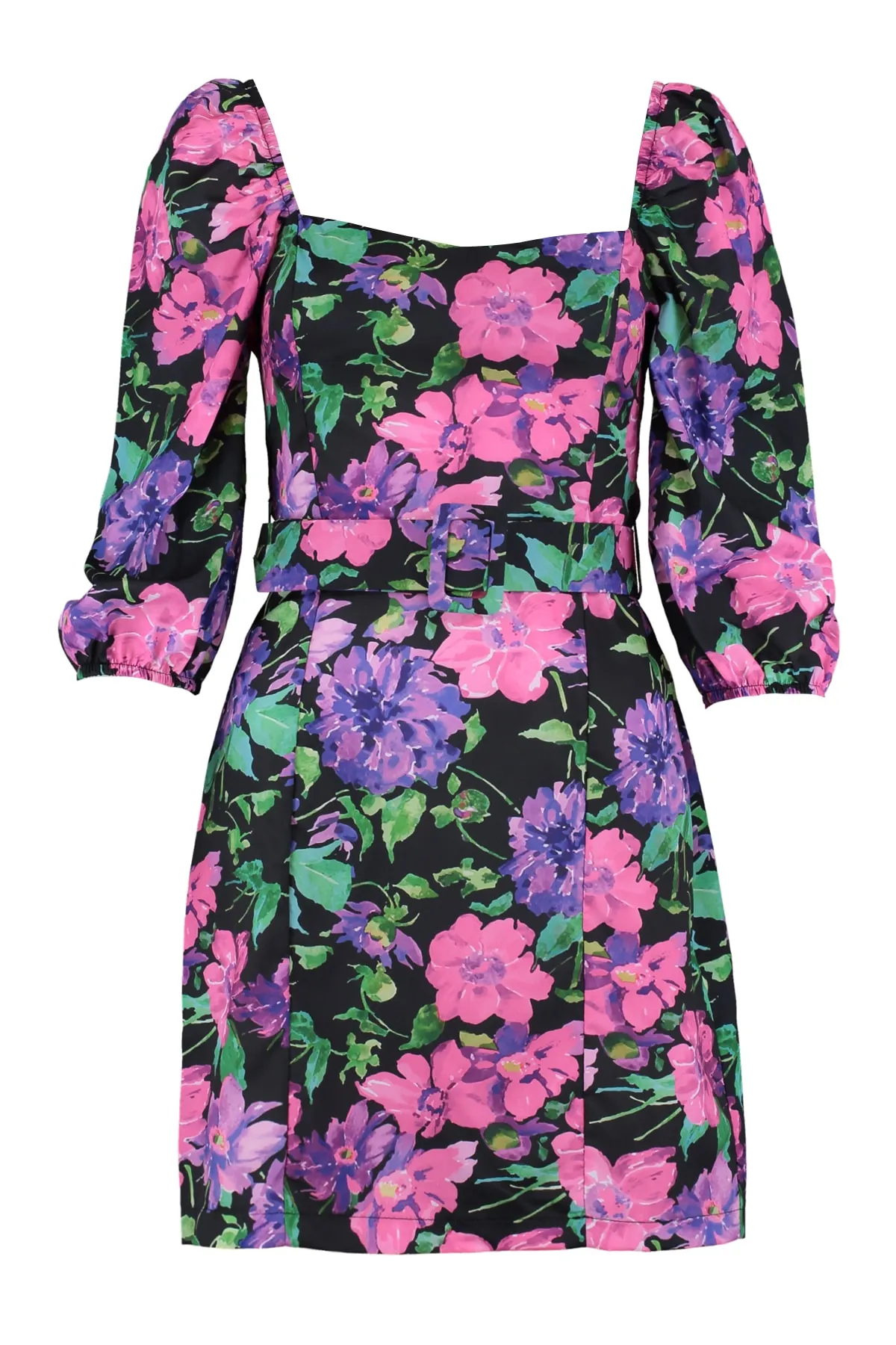 Trendyol Collection  Geblümtes A-Linien-Minikleid mit Ballonärmeln und mehrfarbigem Gürtel TWOSS22EL0301