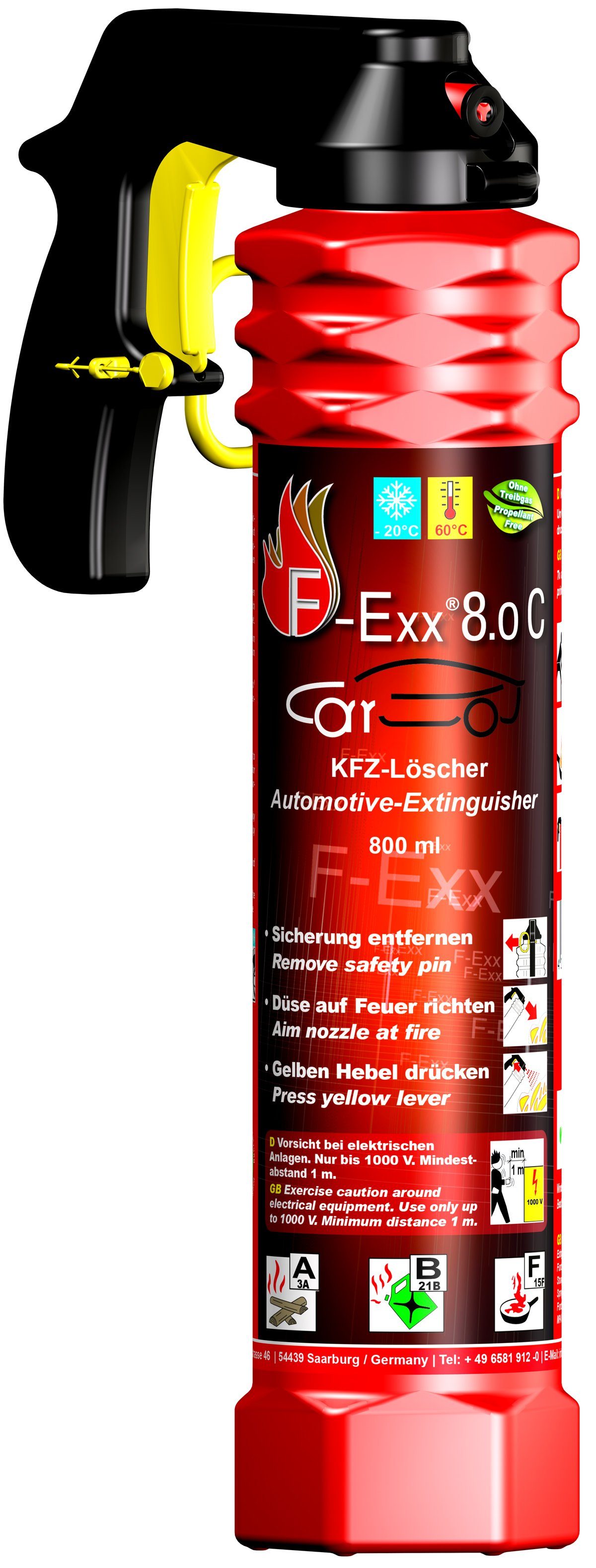 F-Exx Schaum-Feuerlöscher F-Exx® 8.0 C - Der Auto-Feuerlöscher mit Frostschutz + Kfz-Tasche, Löschschaum: MOUSSEAL®-CF F-20 synthetisches wasserfilmbildendes Schaummittel (AFFF), Treibgasfrei