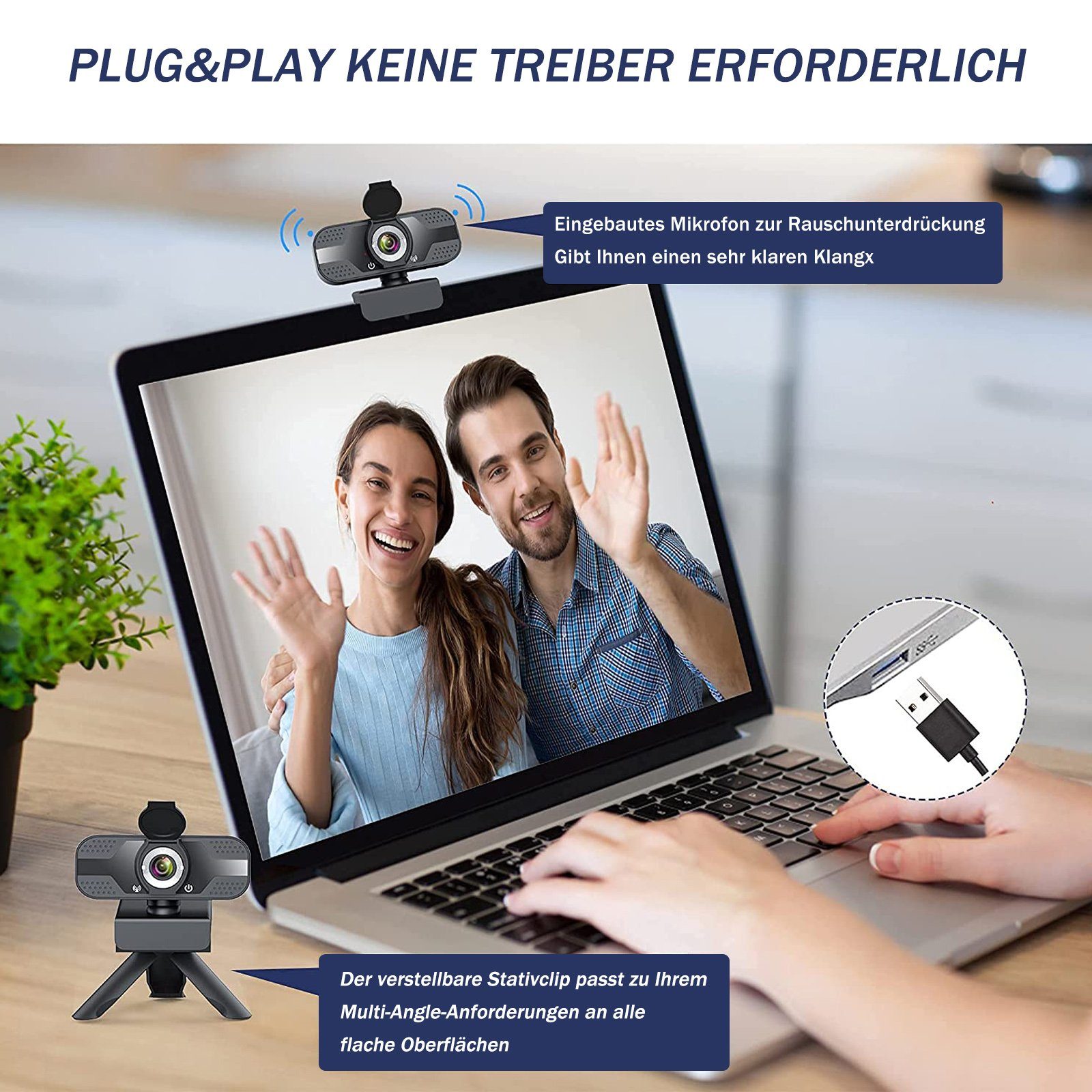 Vbrisi Webcam mit mikrofon 1080P Full HD, USB Webcam mit Stativ Full HD-Webcam