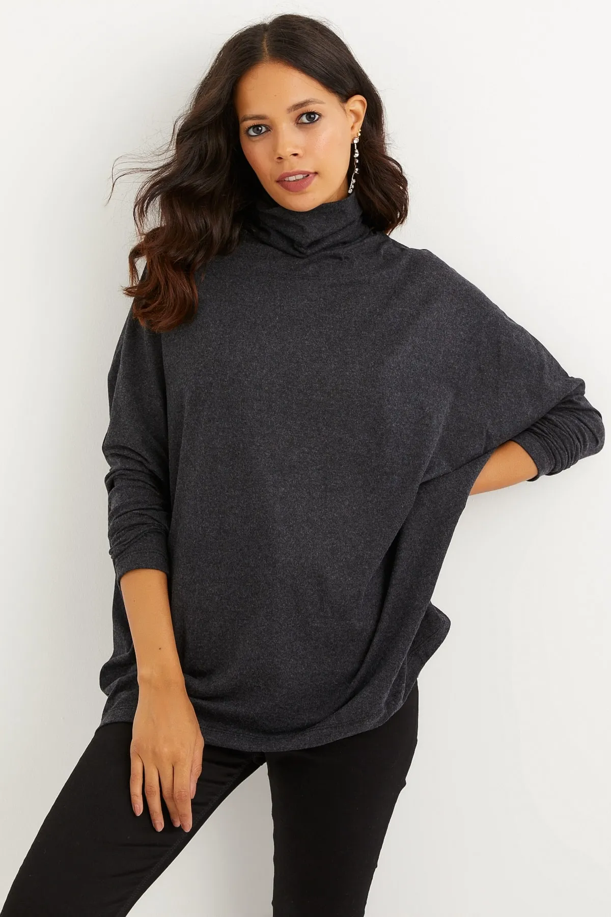 Cool & Sexy  Anthrazitfarbene Fischerbluse mit Fledermausärmeln für Damen EY1049