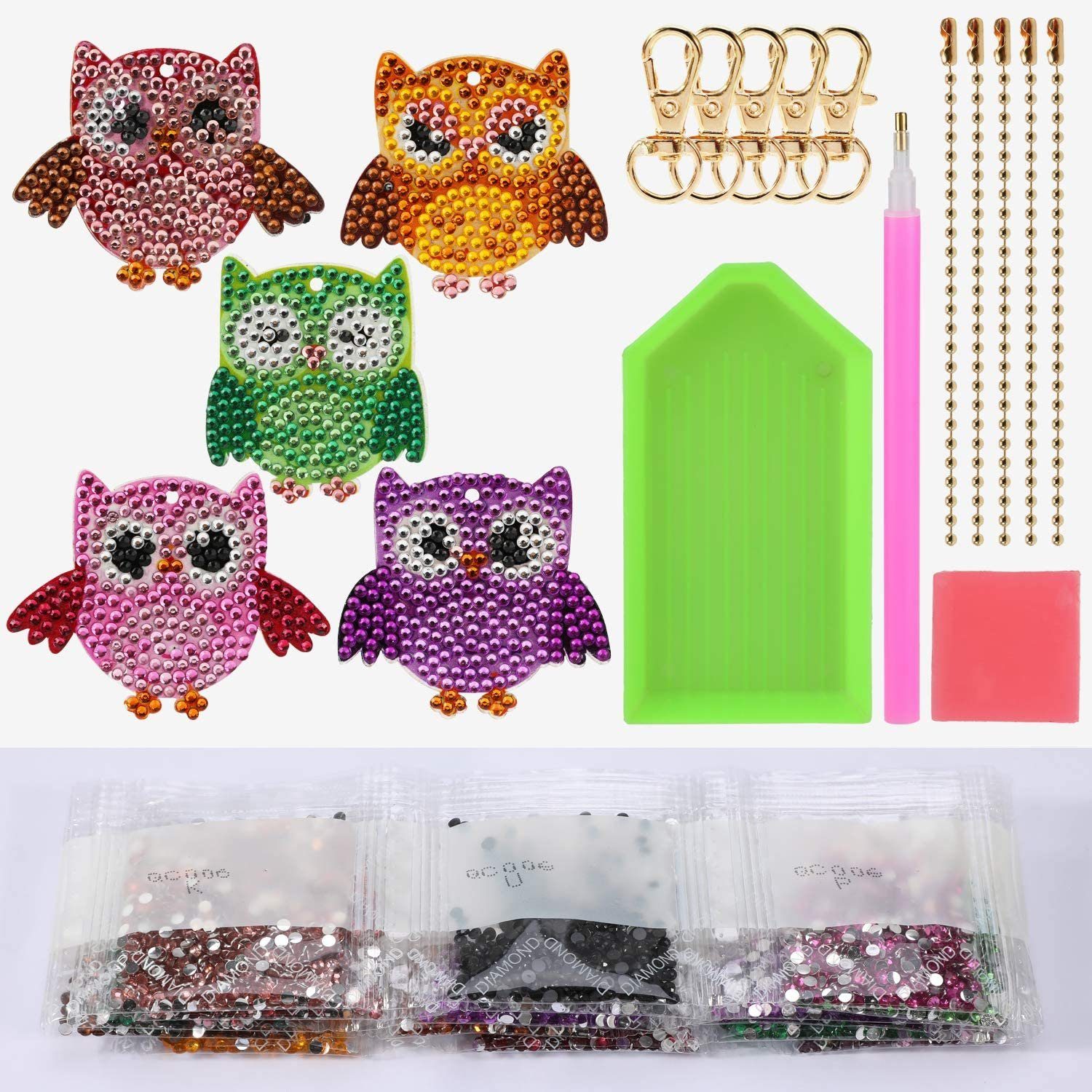 SOTOR Mosaikfliesen 5 Stücke DIY 5D Eule Diamond Art Painting Keychain, Rhinestone Pasted, A, Diamant Malerei Schlüsselbund Stickerei Kunst Handwerk