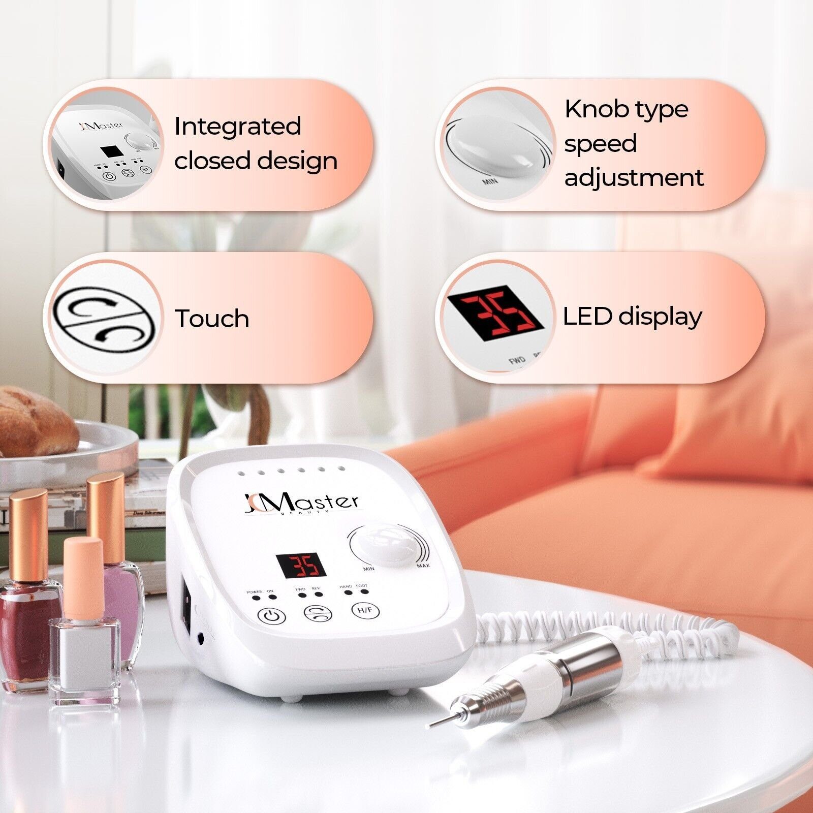 JCMaster Maniküre-Pediküre-Set, Touch Nagelfräser mit Fußpedal inkl 6xBits