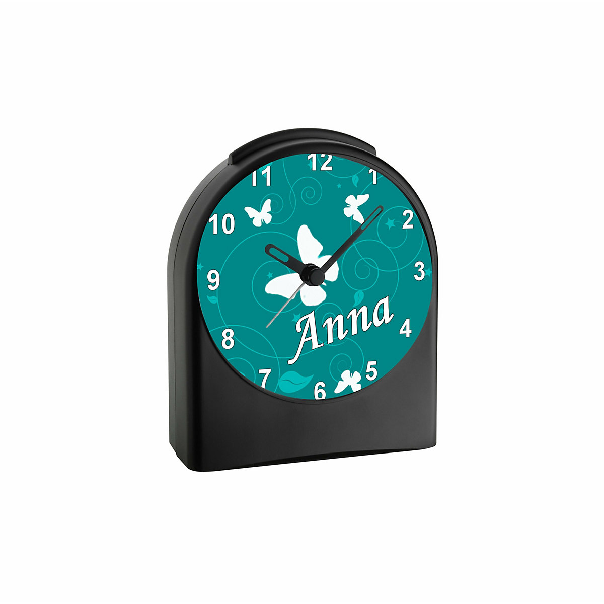 Kinder Funkwecker personalisiert mit Namen Schmetterling Ornamente Atom-/Funkuhr, 12-Stunden-Anzeigeformat, Schlummerfunktion, Nachtlicht, Geräuschlos/Ohne Ticken
